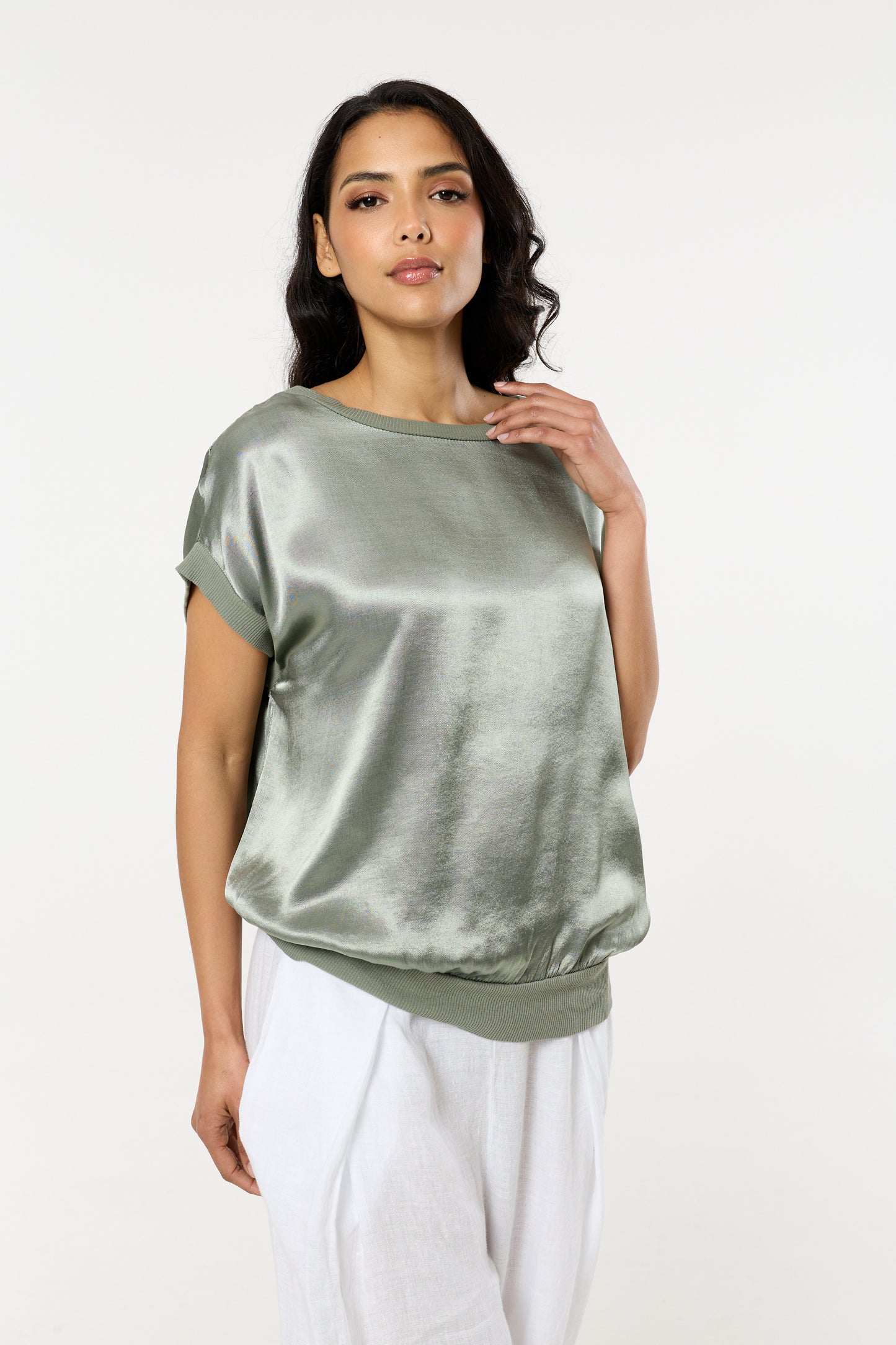 
                  
                    Green Satin Short Sleeve Blouson Top
                  
                
