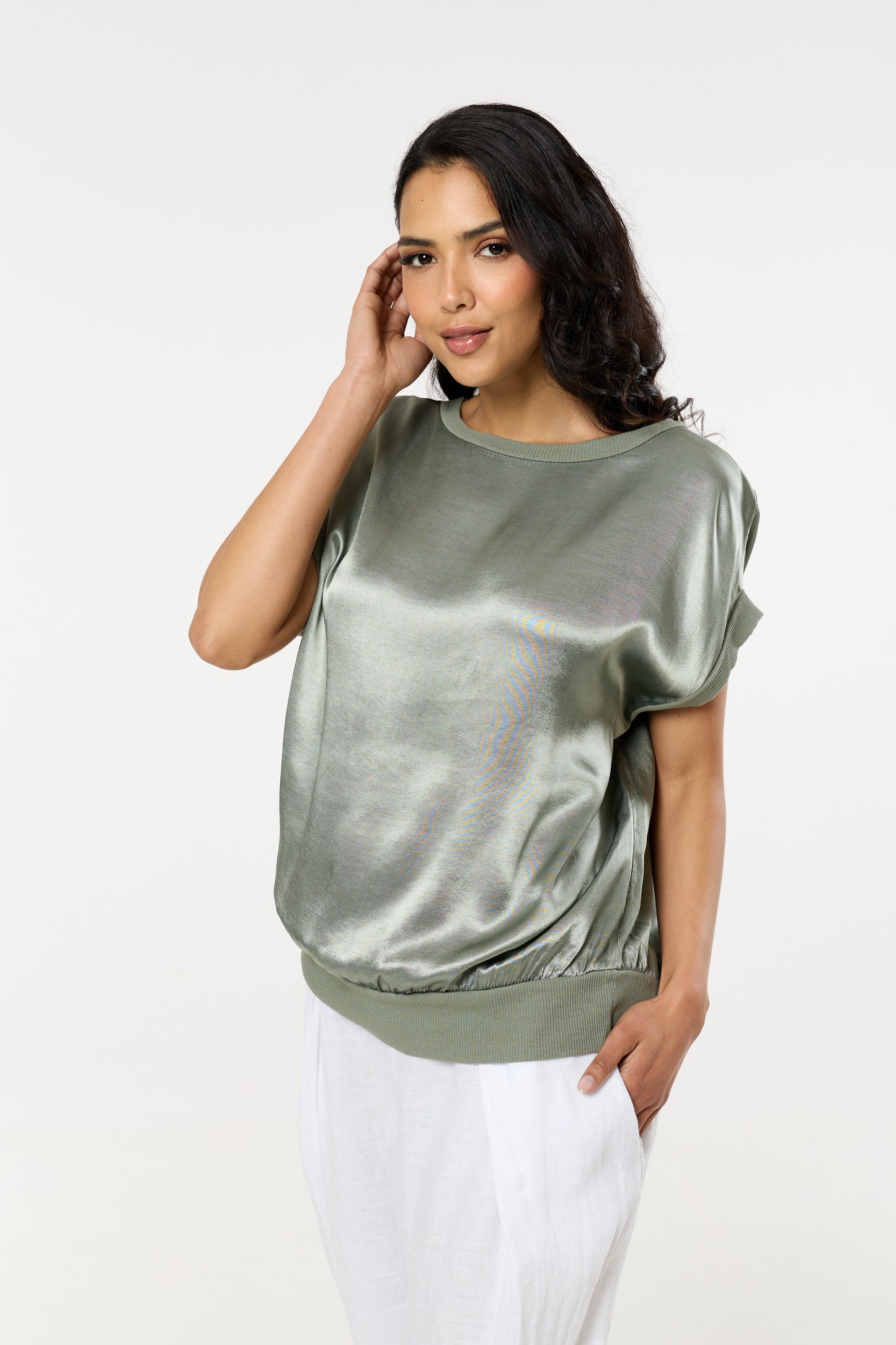 
                  
                    Green Satin Short Sleeve Blouson Top
                  
                