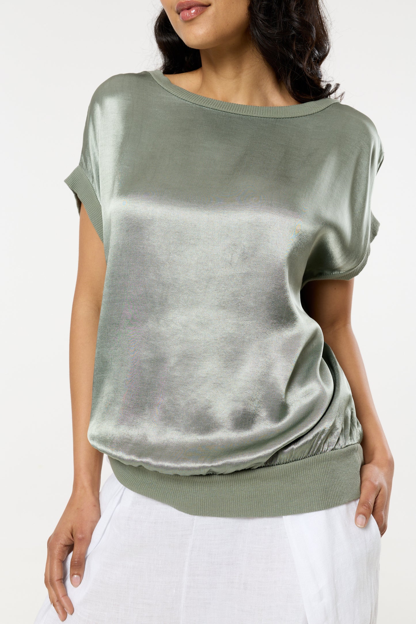 
                  
                    Green Satin Short Sleeve Blouson Top
                  
                