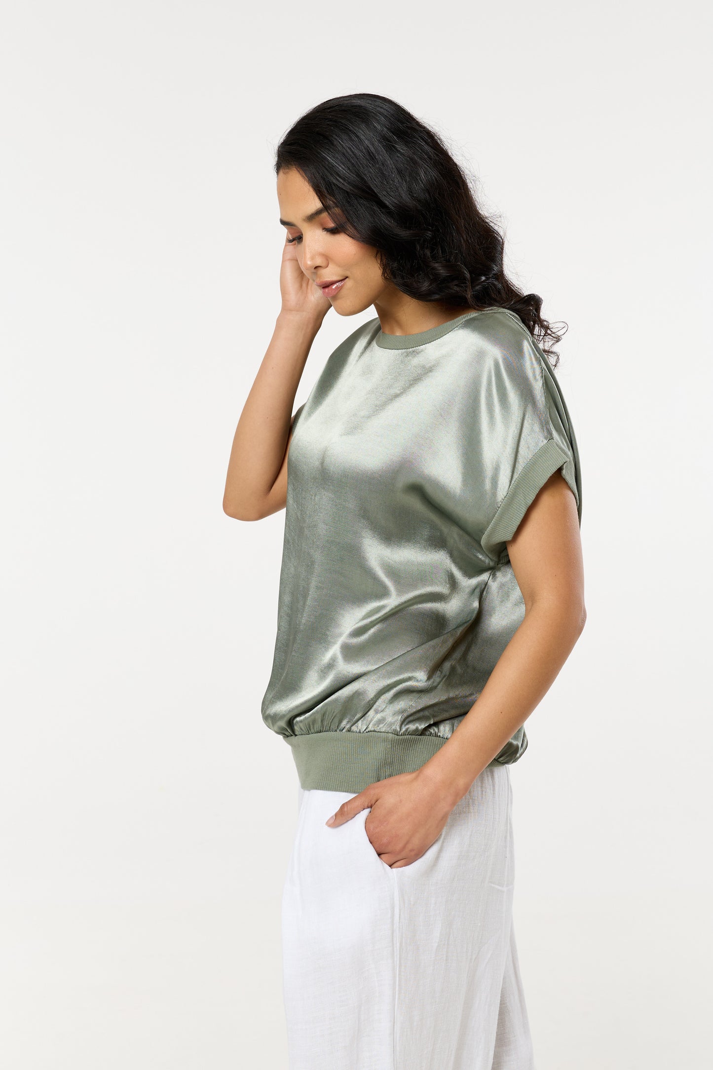 
                  
                    Green Satin Short Sleeve Blouson Top
                  
                