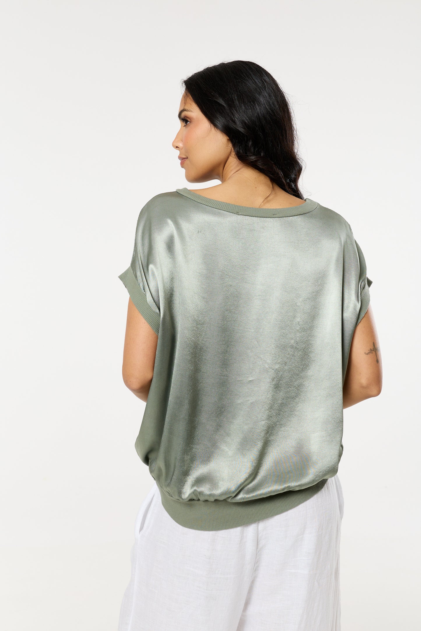 
                  
                    Green Satin Short Sleeve Blouson Top
                  
                