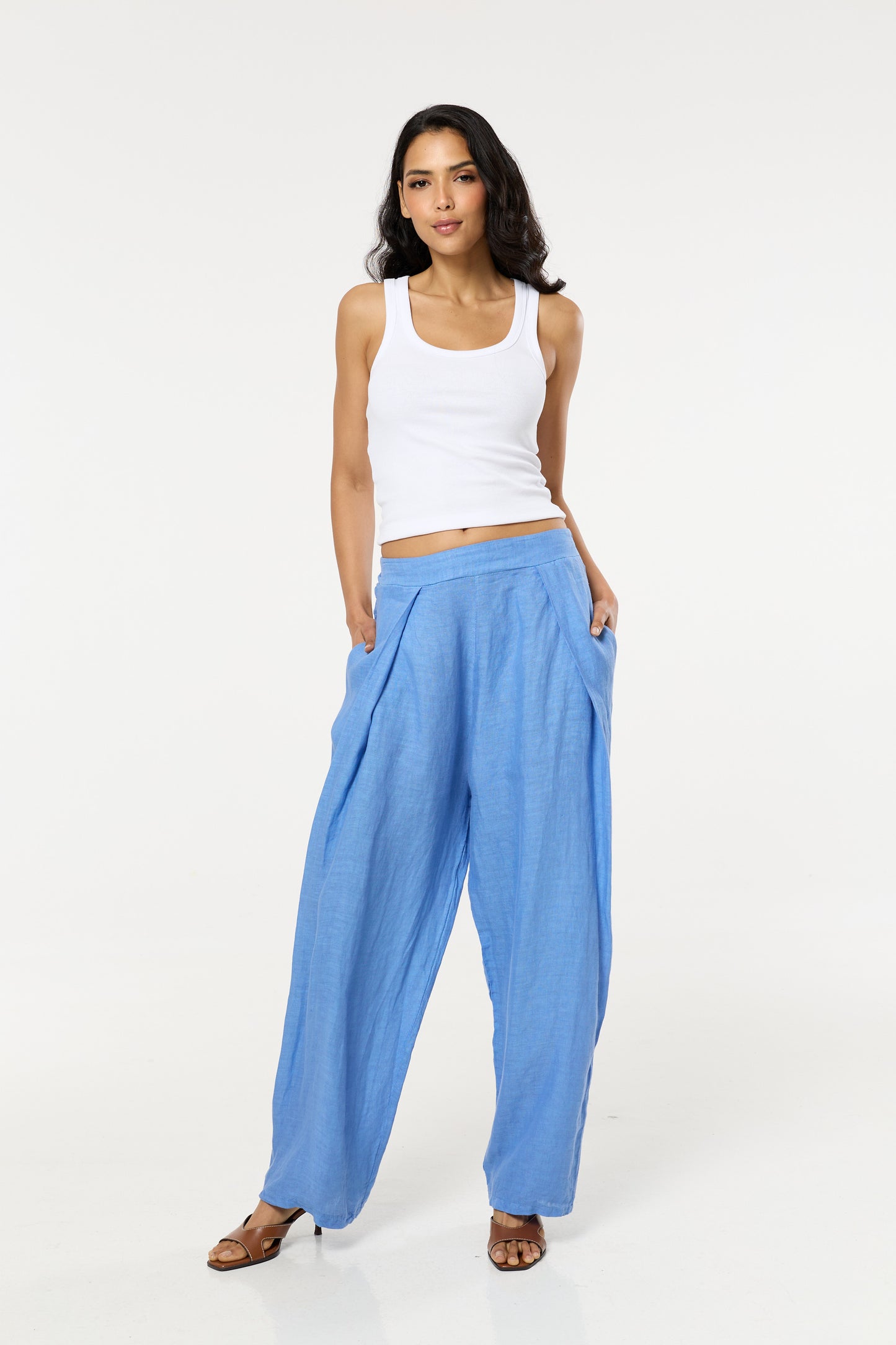 
                  
                    Blue Linen Wide Leg Trousers
                  
                