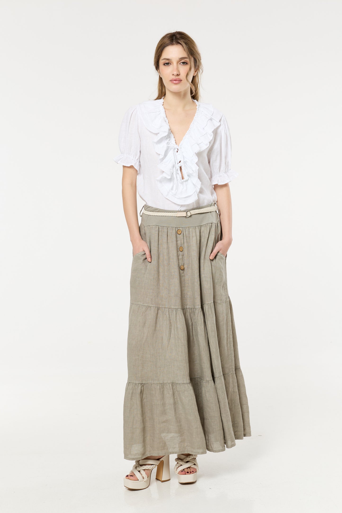 
                  
                    Taupe Linen Tiered Maxi Skirt With Belt
                  
                