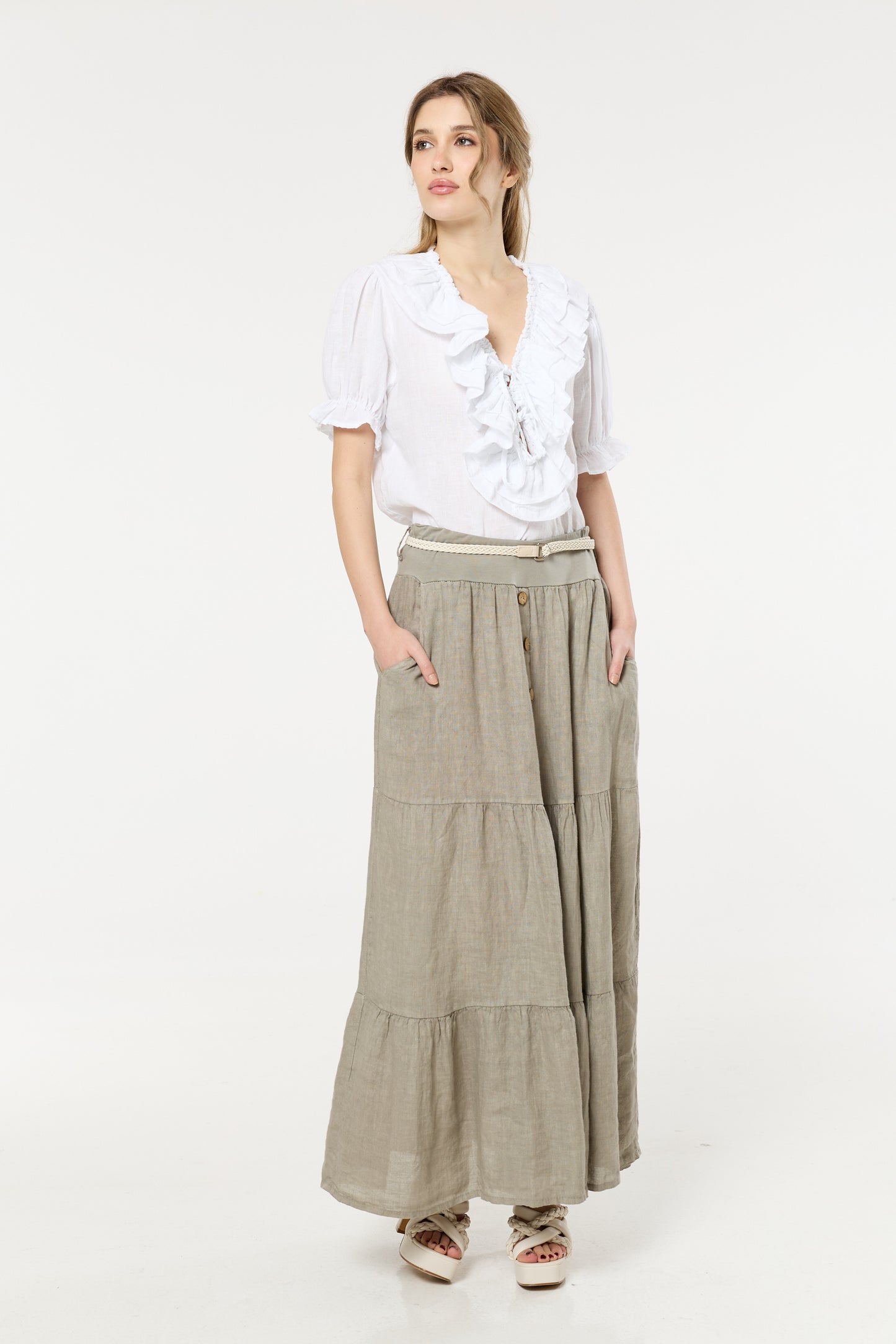 
                  
                    Taupe Linen Tiered Maxi Skirt With Belt
                  
                