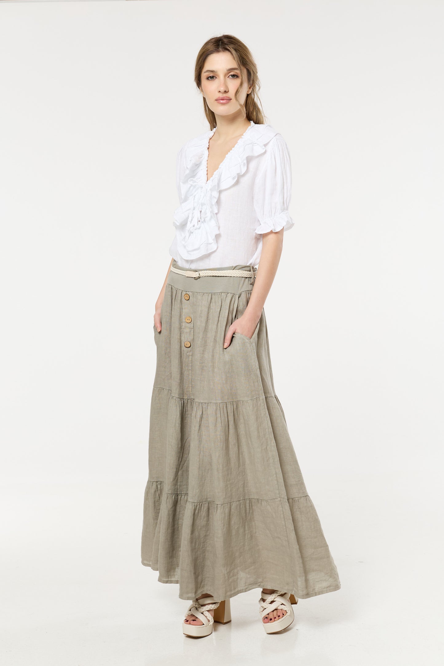 
                  
                    Taupe Linen Tiered Maxi Skirt With Belt
                  
                