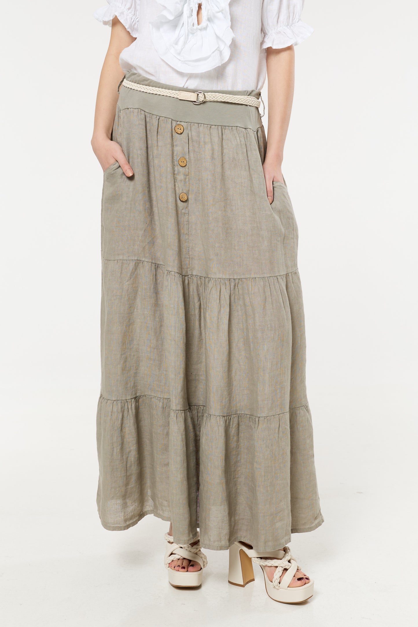 
                  
                    Taupe Linen Tiered Maxi Skirt With Belt
                  
                