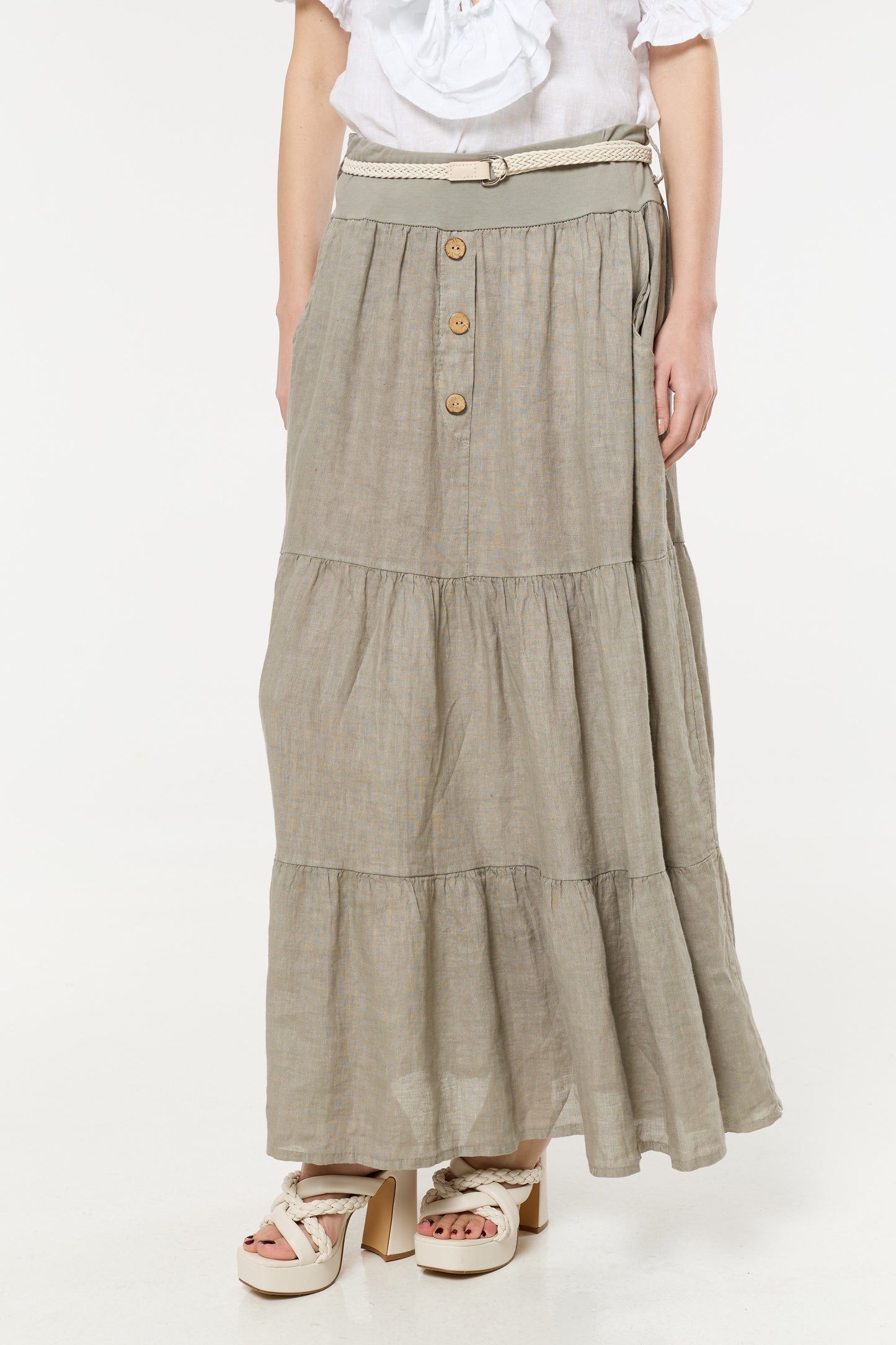 
                  
                    Taupe Linen Tiered Maxi Skirt With Belt
                  
                