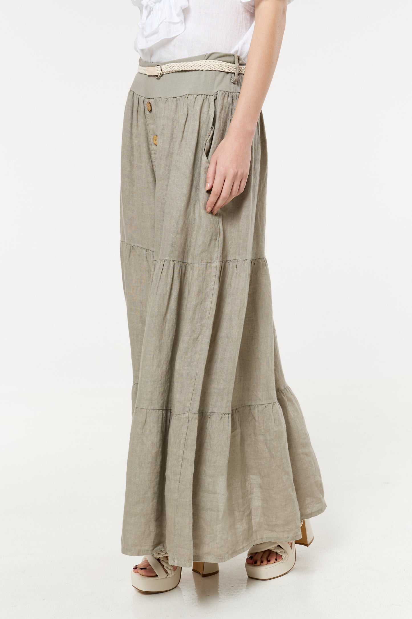 
                  
                    Taupe Linen Tiered Maxi Skirt With Belt
                  
                