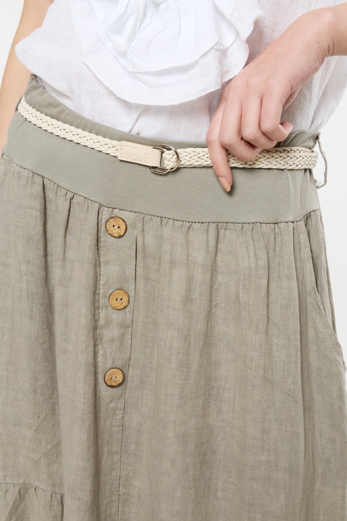 
                  
                    Taupe Linen Tiered Maxi Skirt With Belt
                  
                
