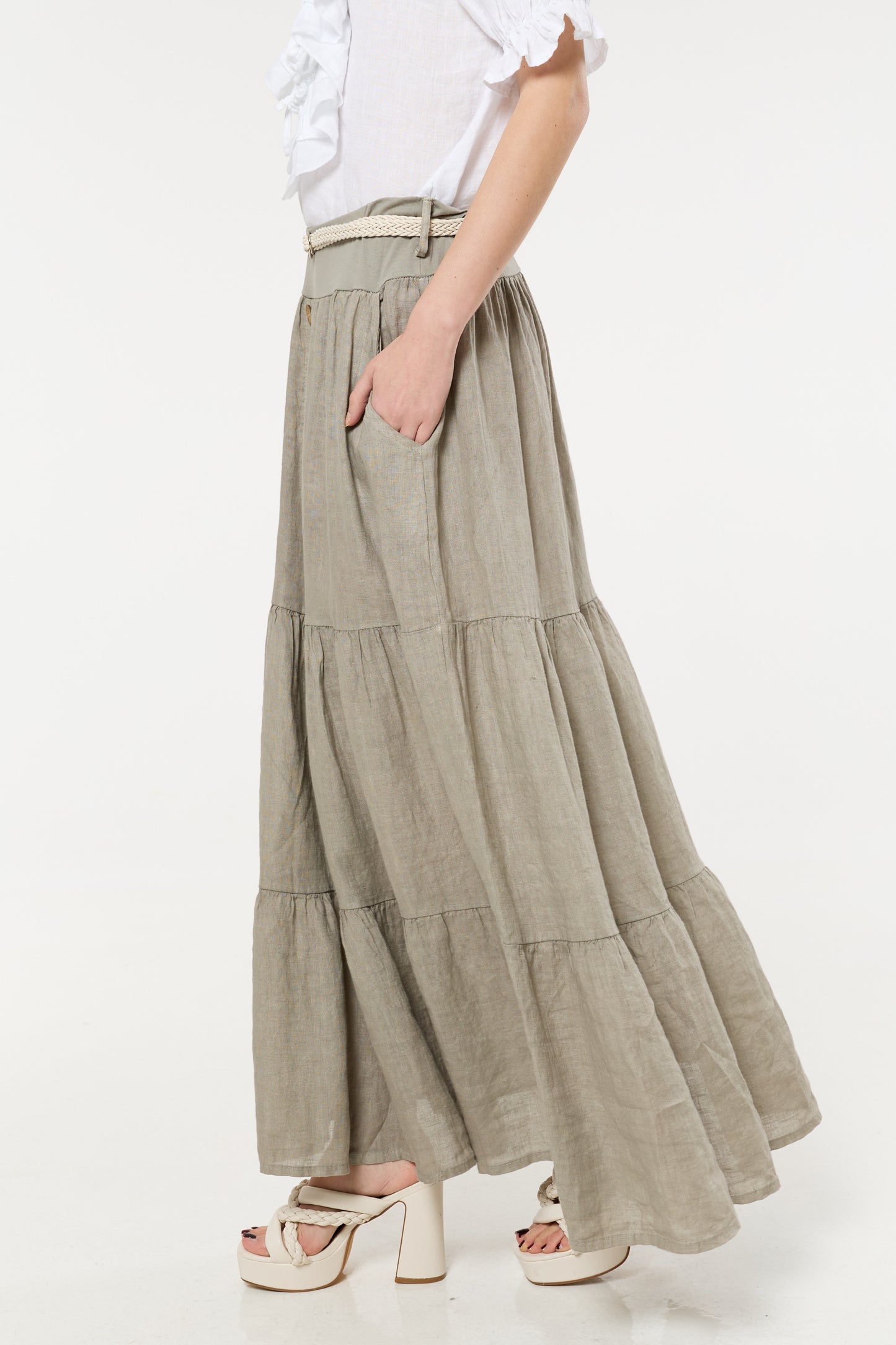 
                  
                    Taupe Linen Tiered Maxi Skirt With Belt
                  
                