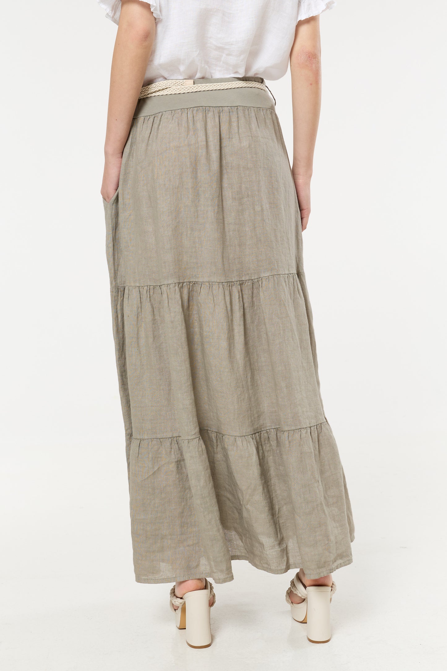 
                  
                    Taupe Linen Tiered Maxi Skirt With Belt
                  
                