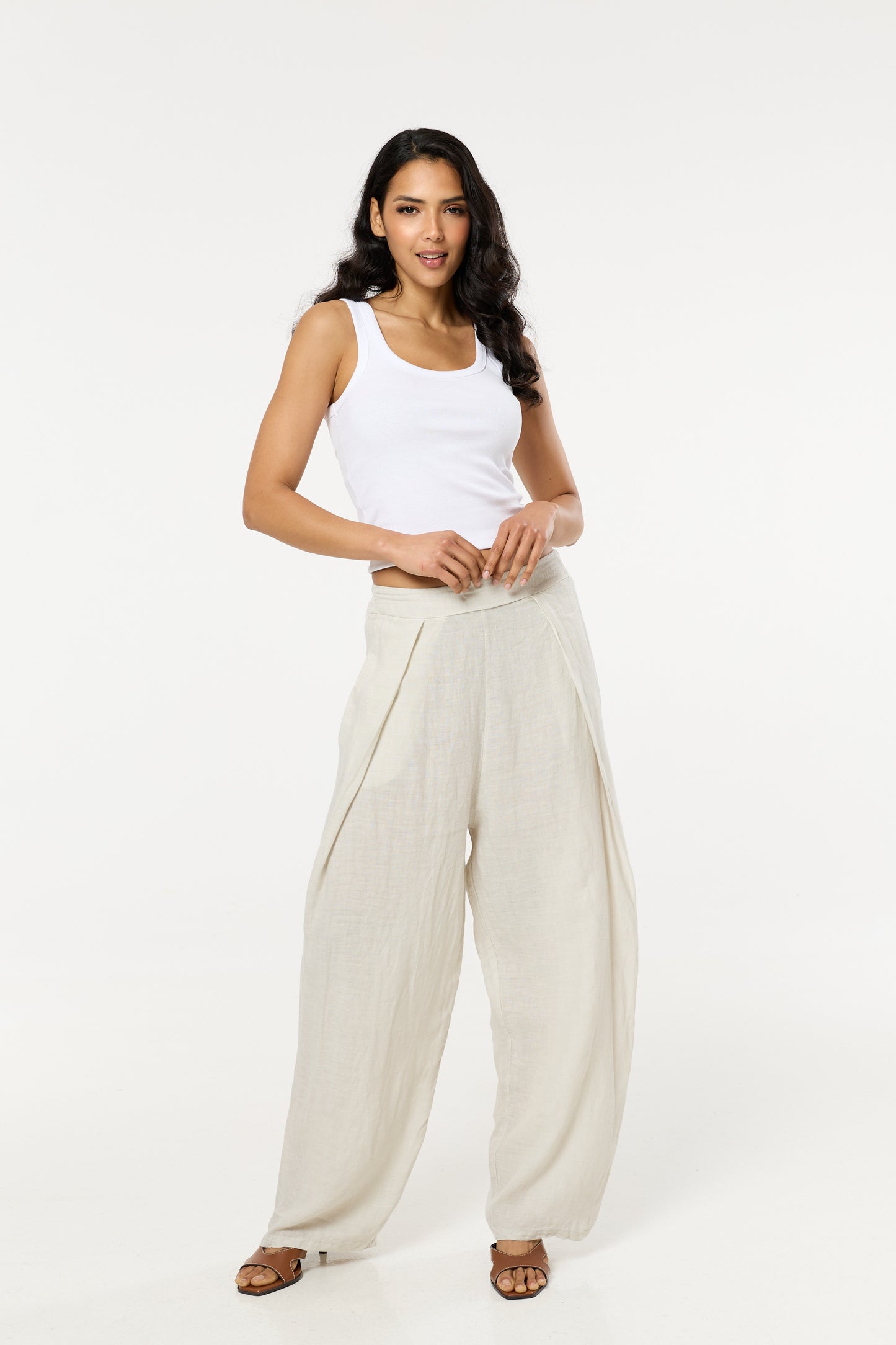 
                  
                    Beige Linen Wide Leg Trousers
                  
                