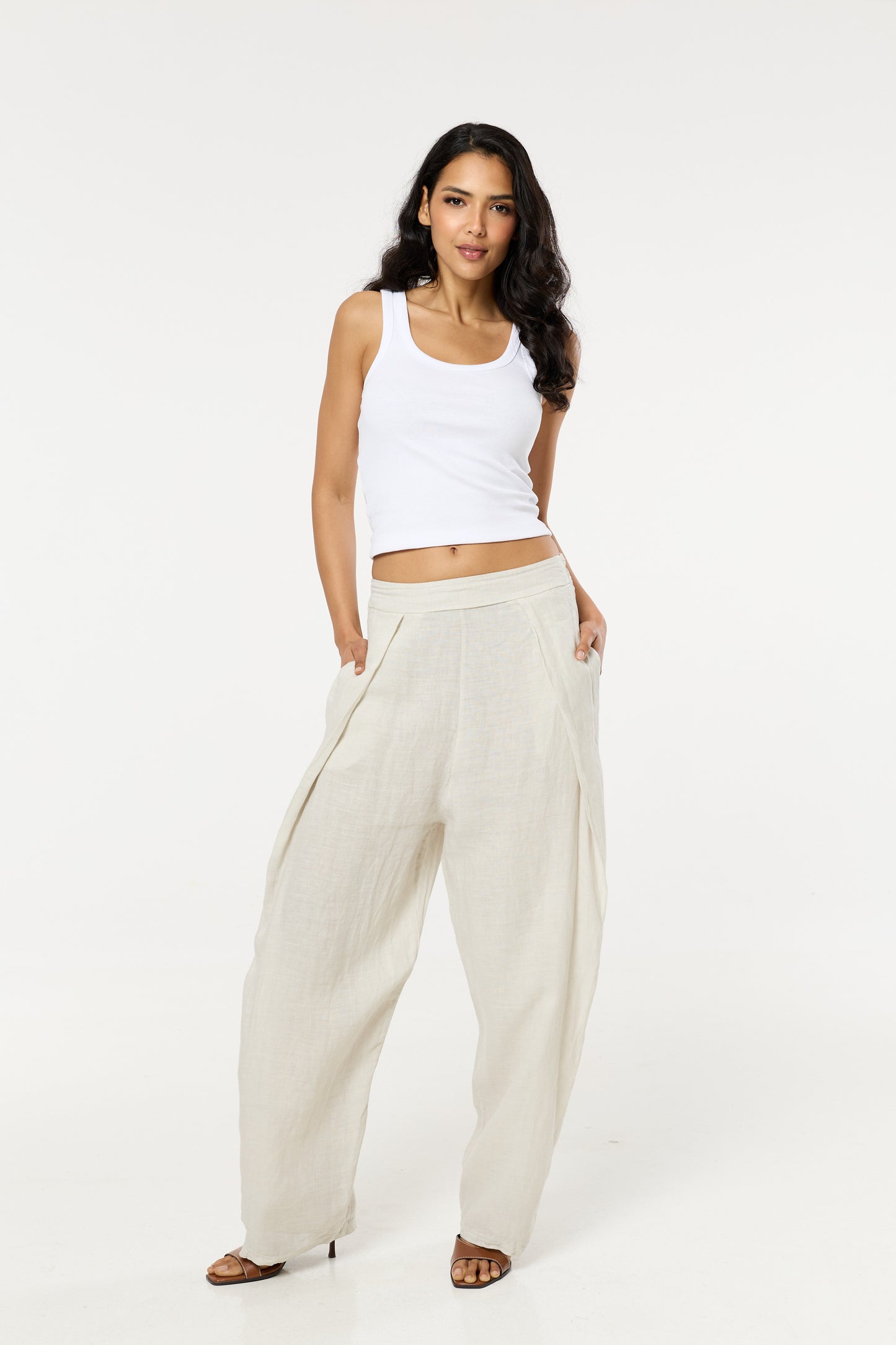 
                  
                    Beige Linen Wide Leg Trousers
                  
                