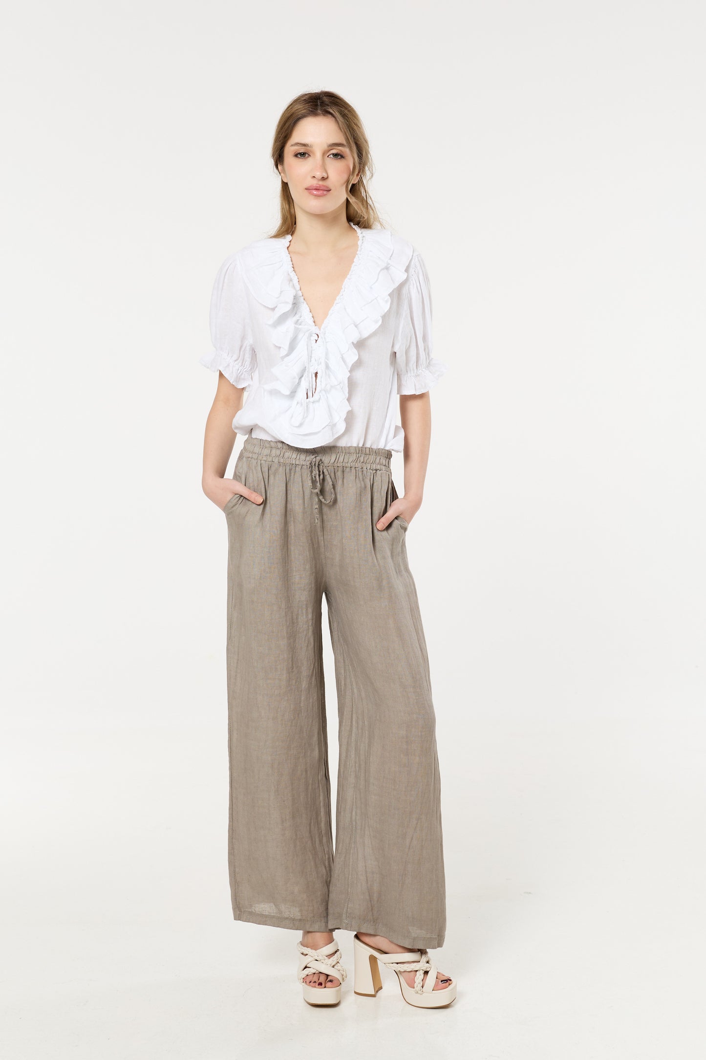 
                  
                    Taupe Linen Wide Leg Trousers
                  
                