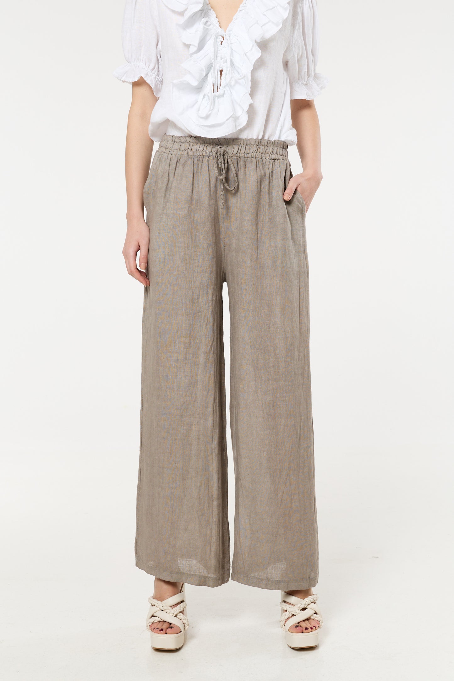 
                  
                    Taupe Linen Wide Leg Trousers
                  
                