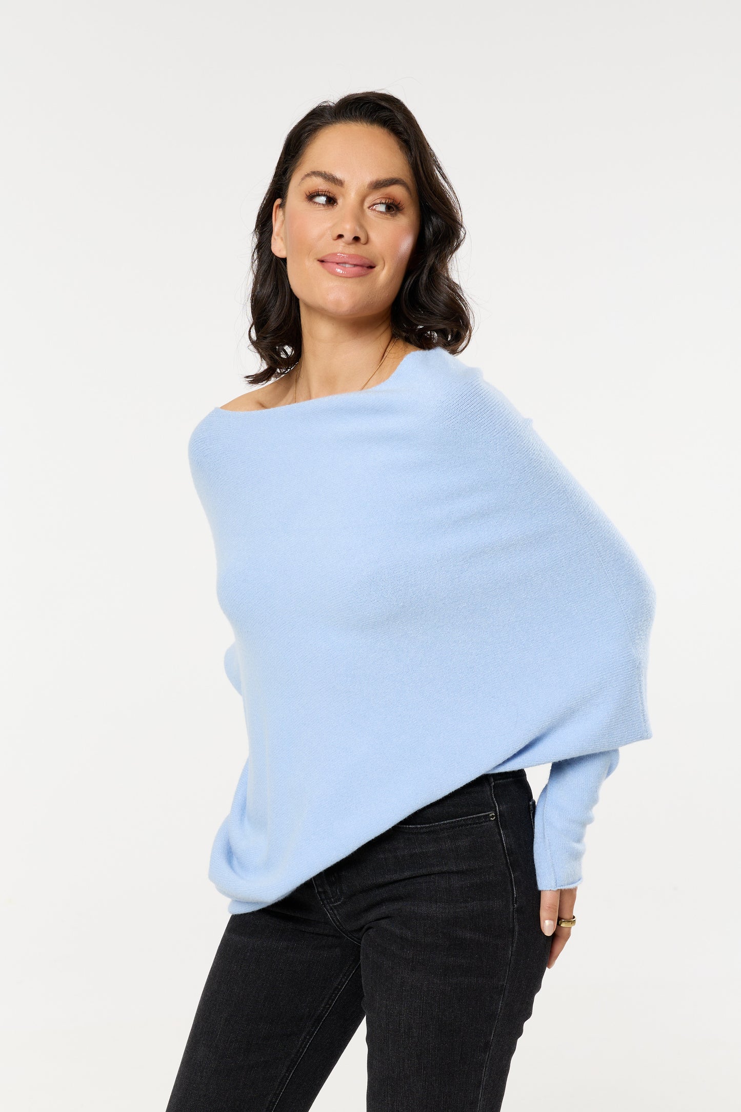 
                  
                    Blue Off Shoulder Batwing Knit Jumper
                  
                