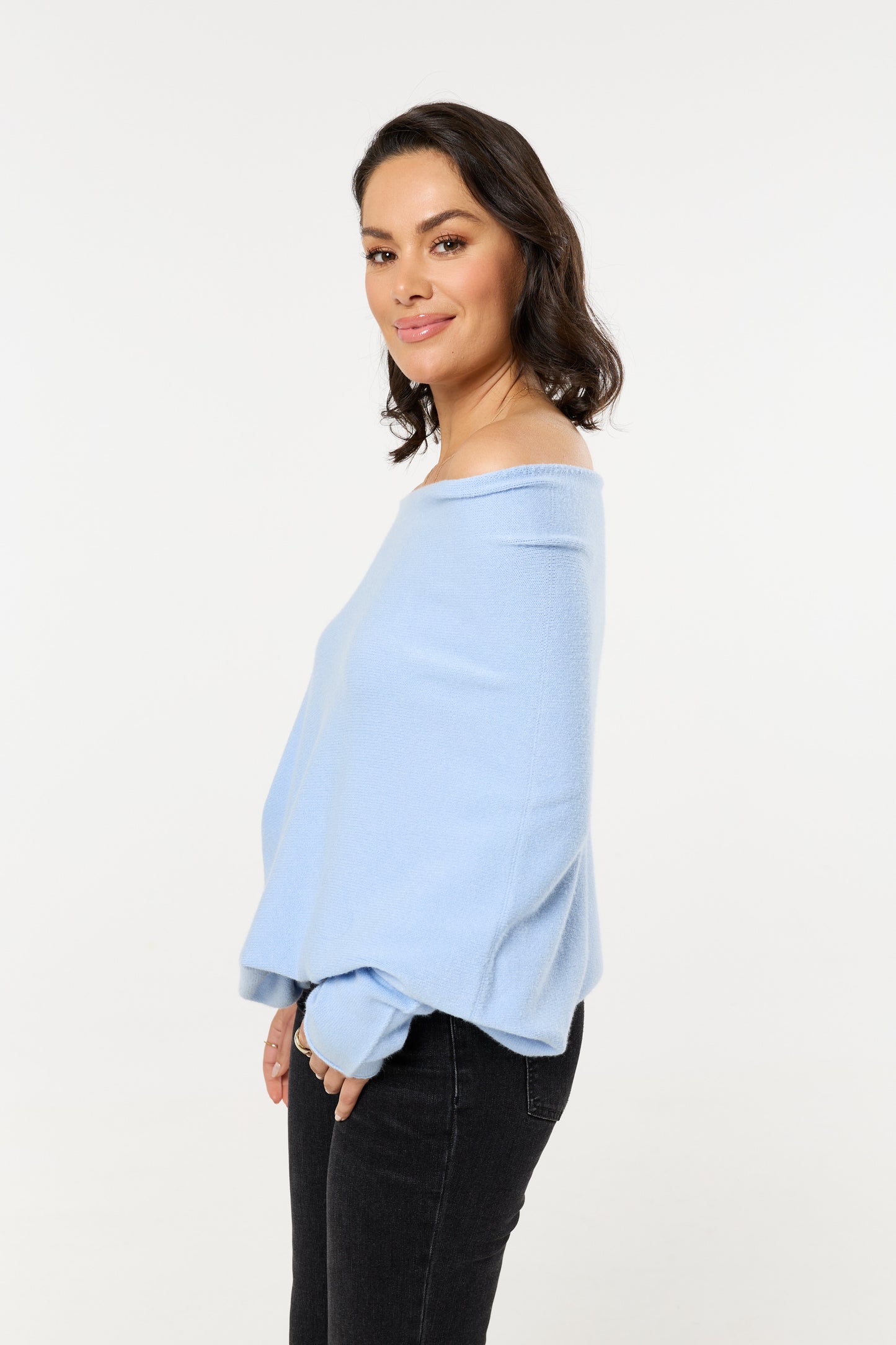 
                  
                    Blue Off Shoulder Batwing Knit Jumper
                  
                