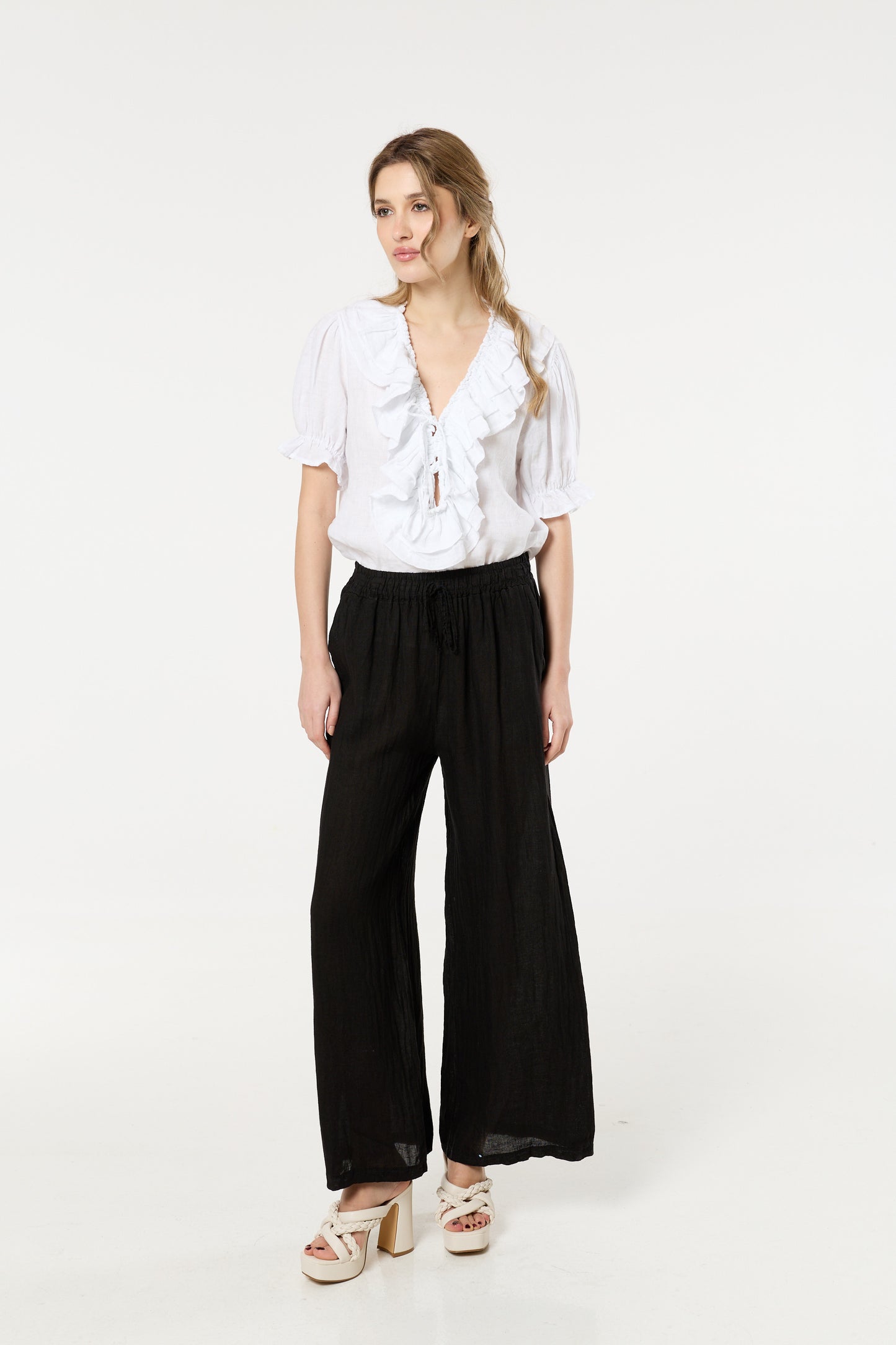 
                  
                    Black Linen Wide Leg Trousers
                  
                