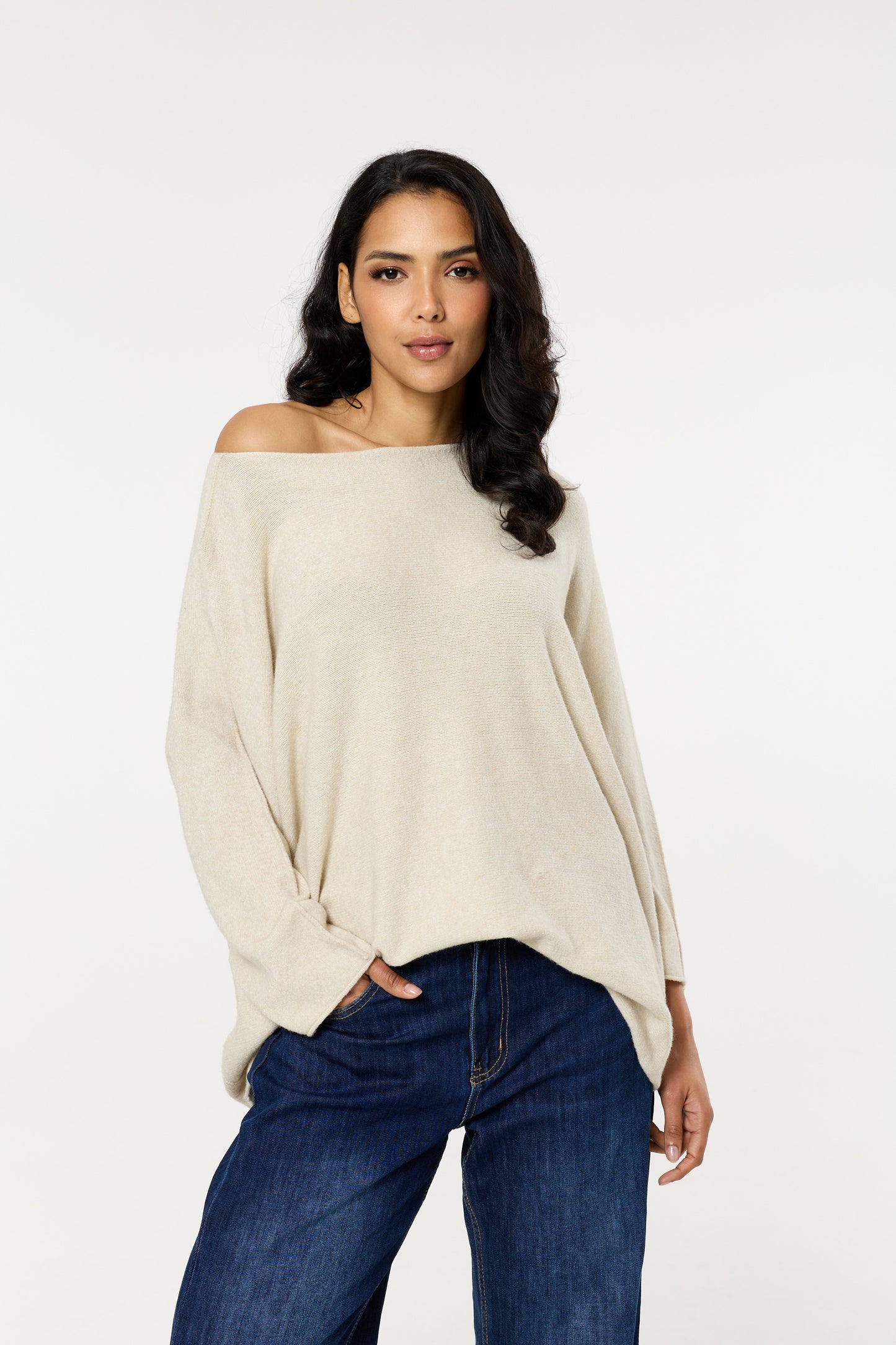 
                  
                    Beige Off Shoulder Relaxed Knit Jumper
                  
                