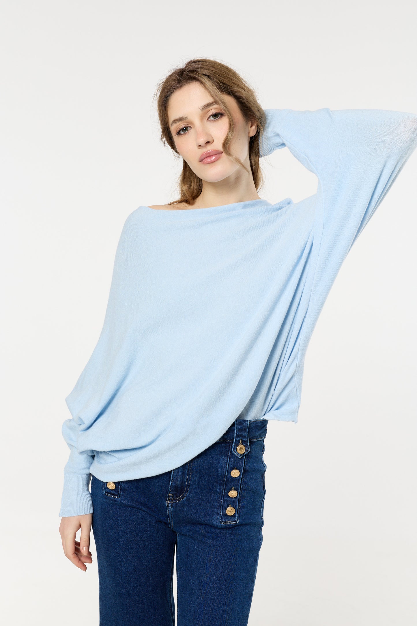
                  
                    Blue Wool Blend Off Shoulder Batwing Knit Jumper
                  
                