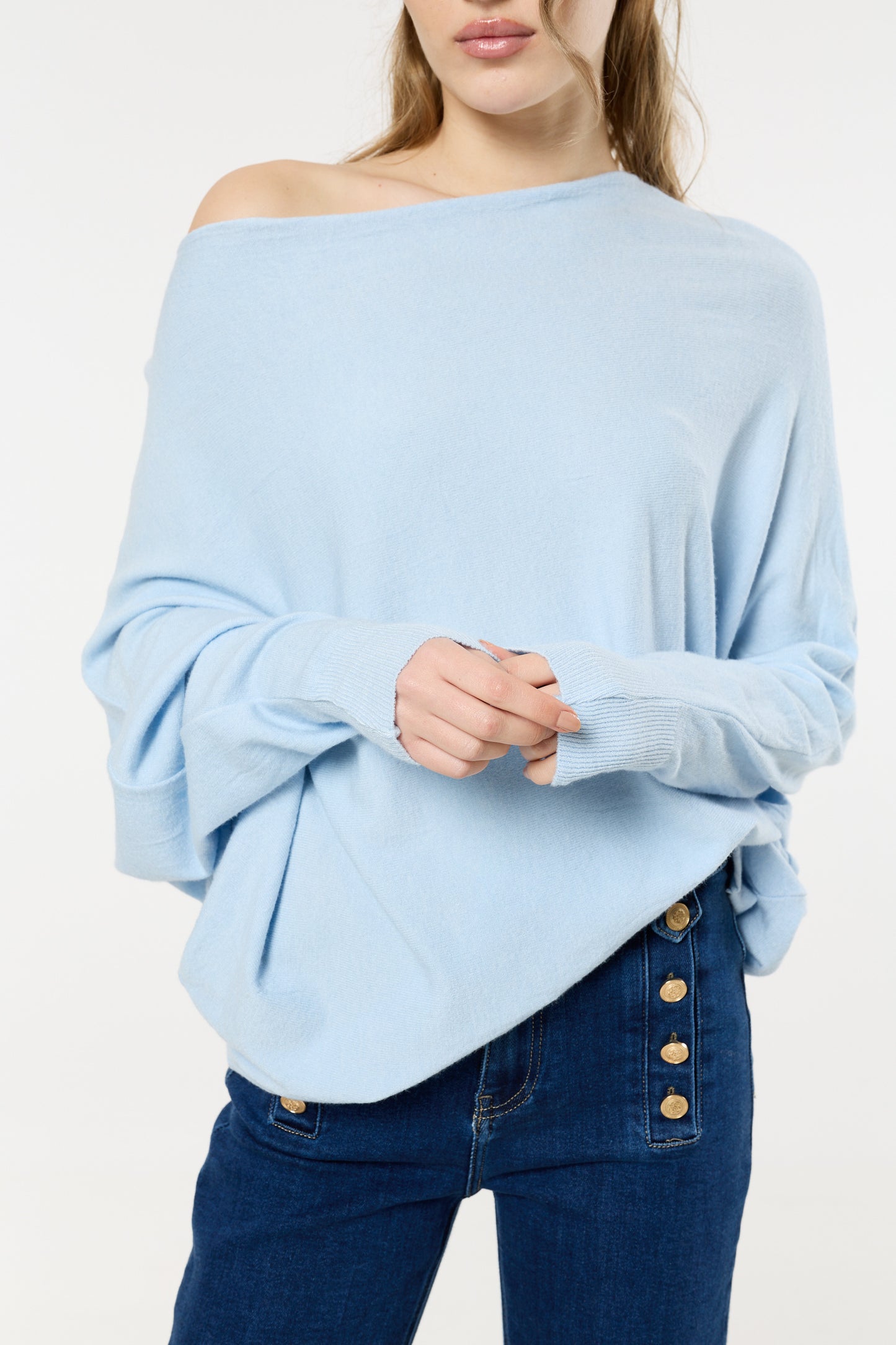 
                  
                    Blue Wool Blend Off Shoulder Batwing Knit Jumper
                  
                