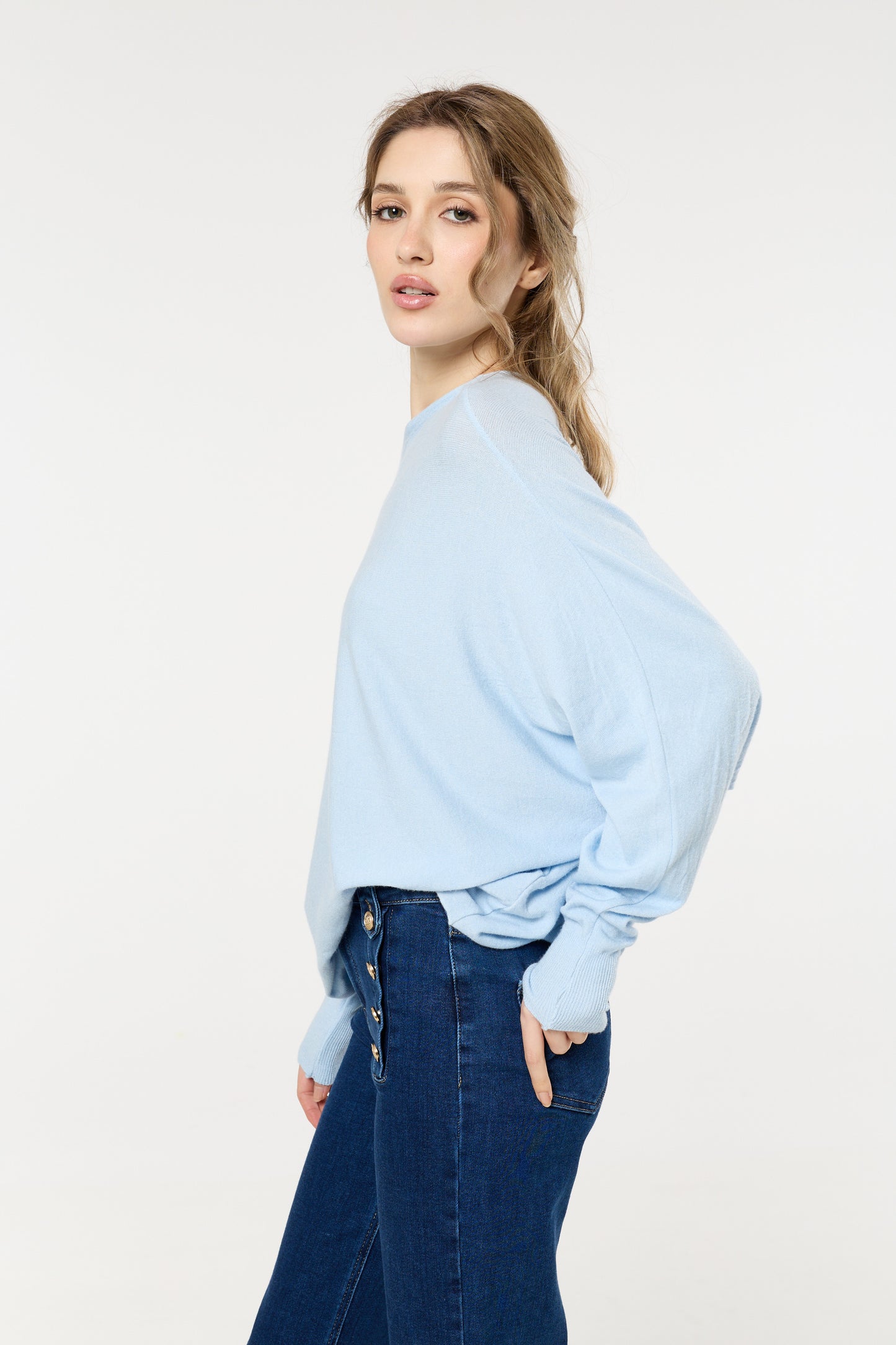 
                  
                    Blue Wool Blend Off Shoulder Batwing Knit Jumper
                  
                