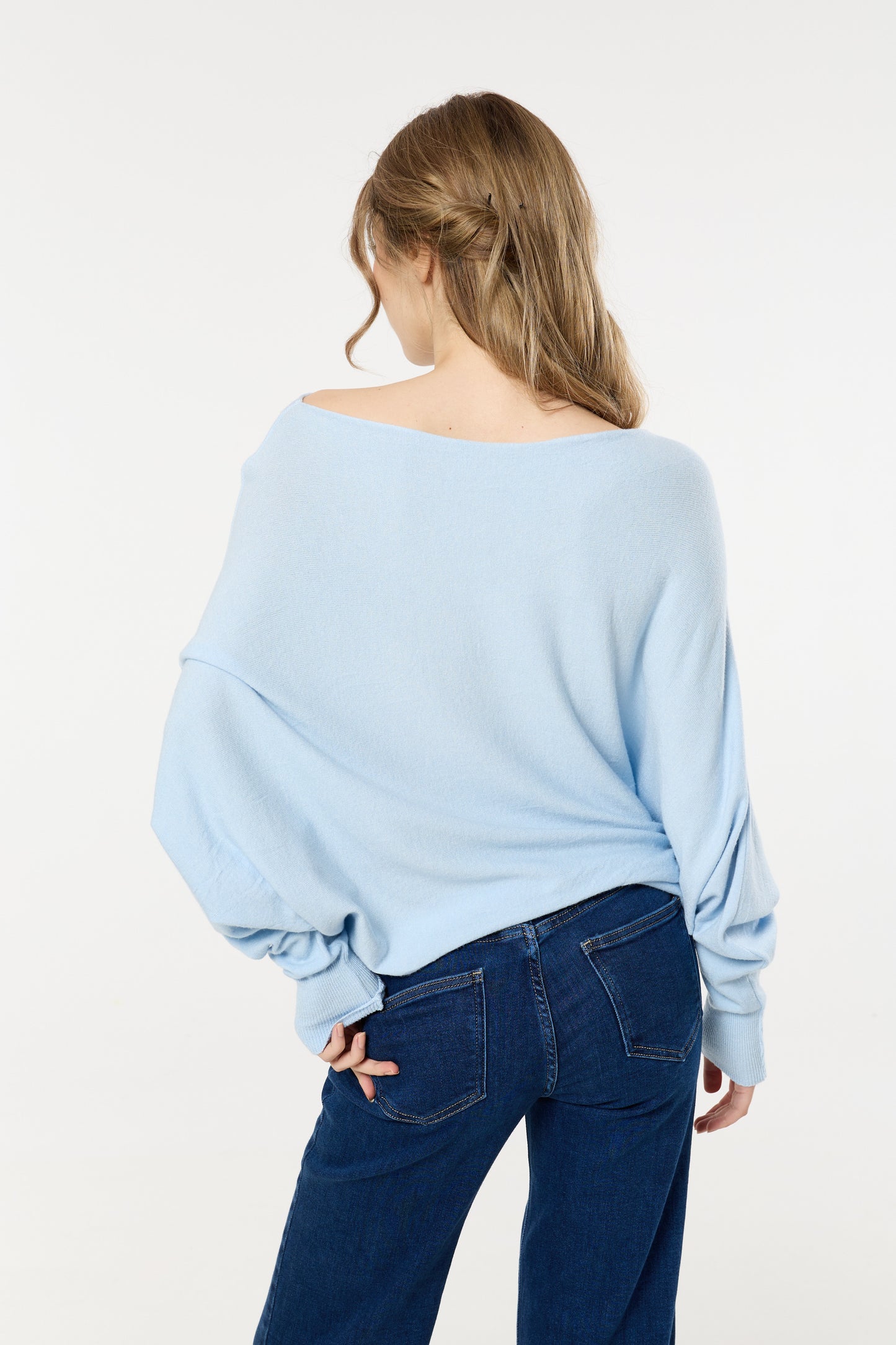 
                  
                    Blue Wool Blend Off Shoulder Batwing Knit Jumper
                  
                
