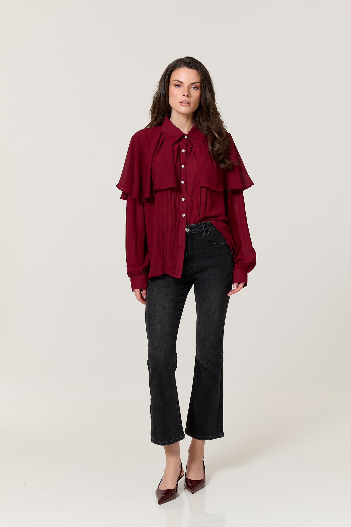 
                  
                    Burgundy Cape Detail Pleated Blouse
                  
                