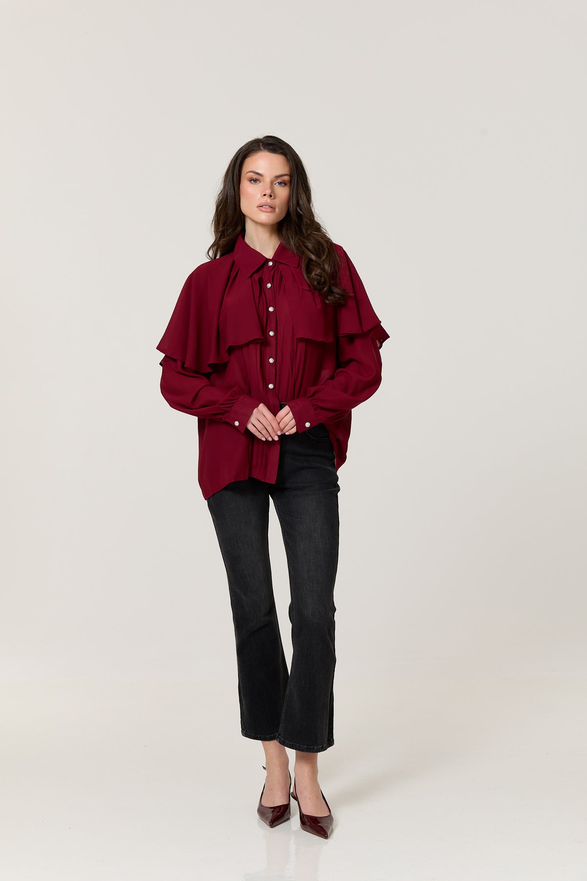 
                  
                    Burgundy Cape Detail Pleated Blouse
                  
                