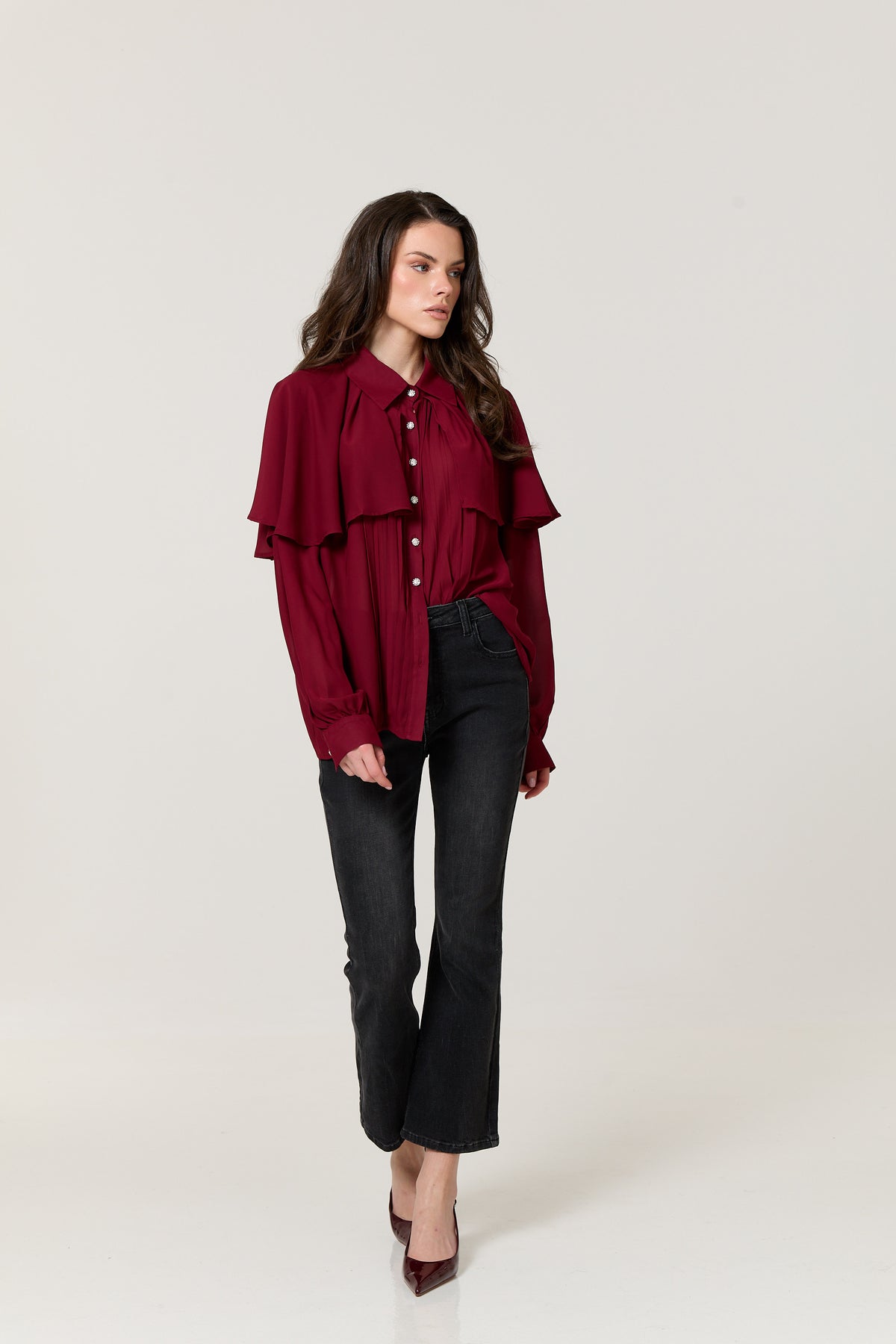 
                  
                    Burgundy Cape Detail Pleated Blouse
                  
                