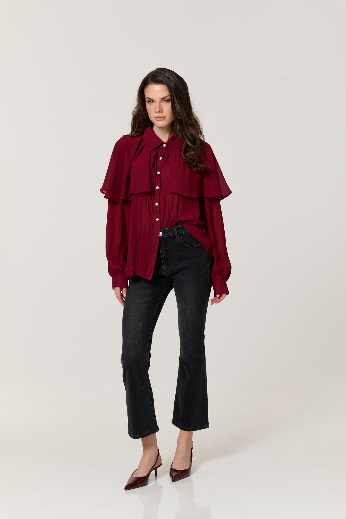 
                  
                    Burgundy Cape Detail Pleated Blouse
                  
                