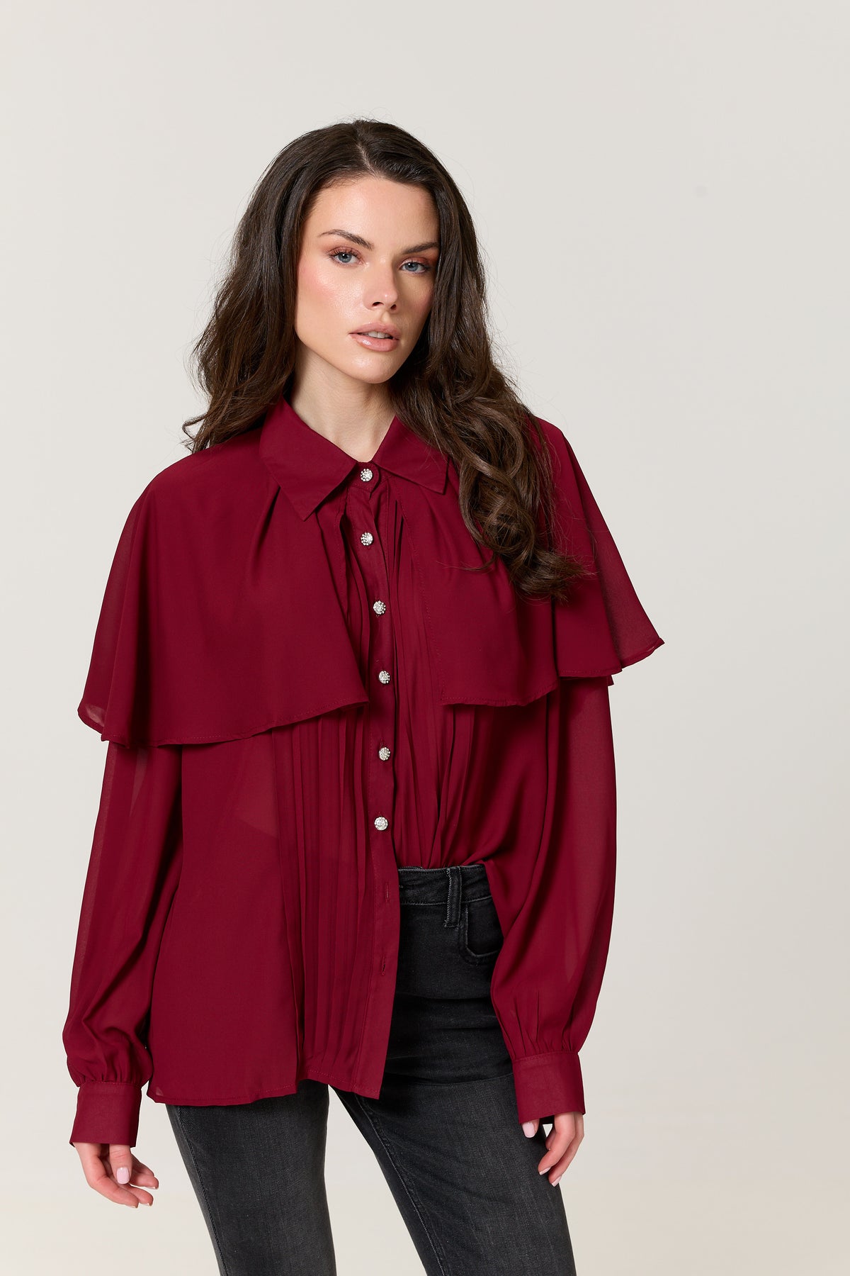 
                  
                    Burgundy Cape Detail Pleated Blouse
                  
                