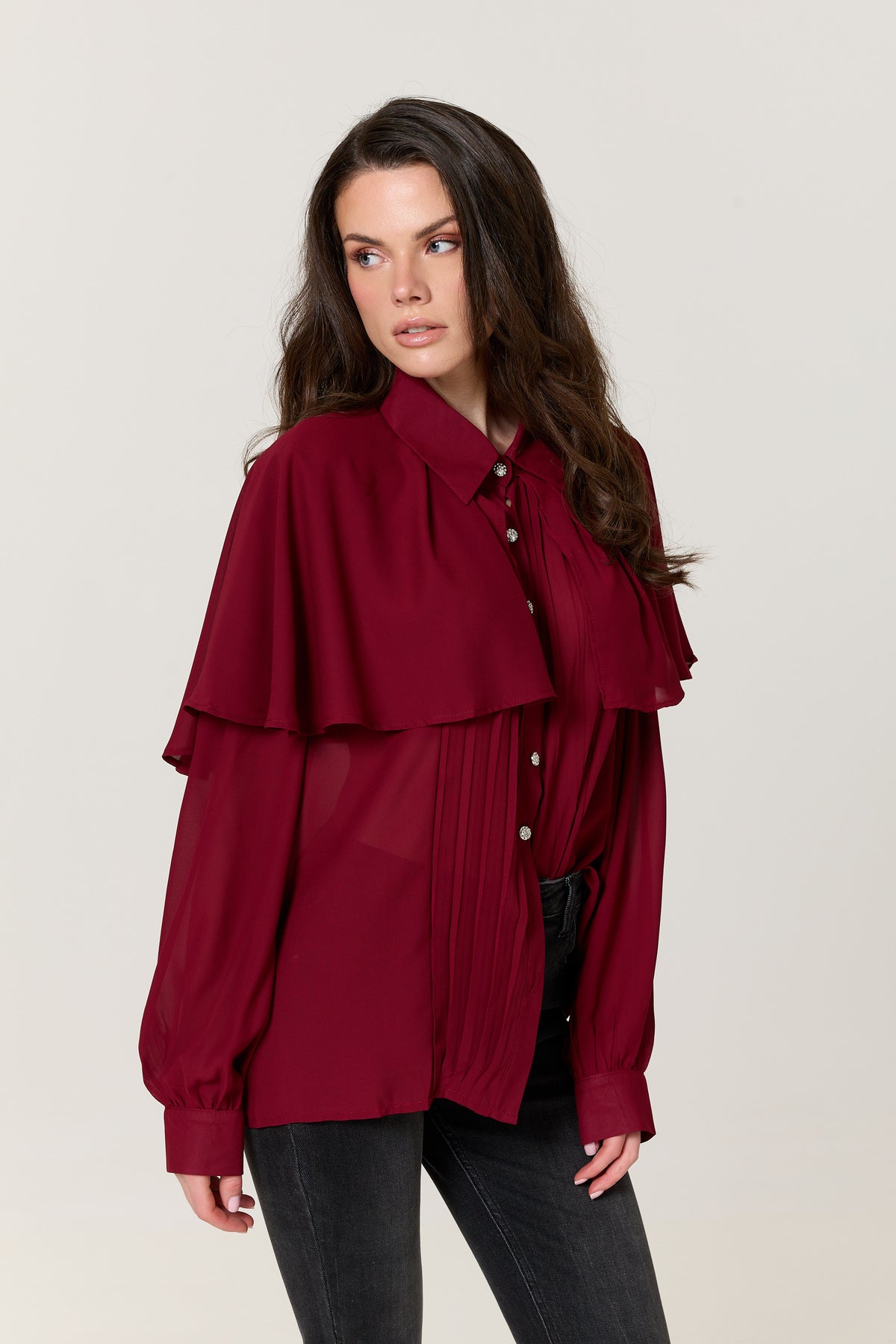 
                  
                    Burgundy Cape Detail Pleated Blouse
                  
                