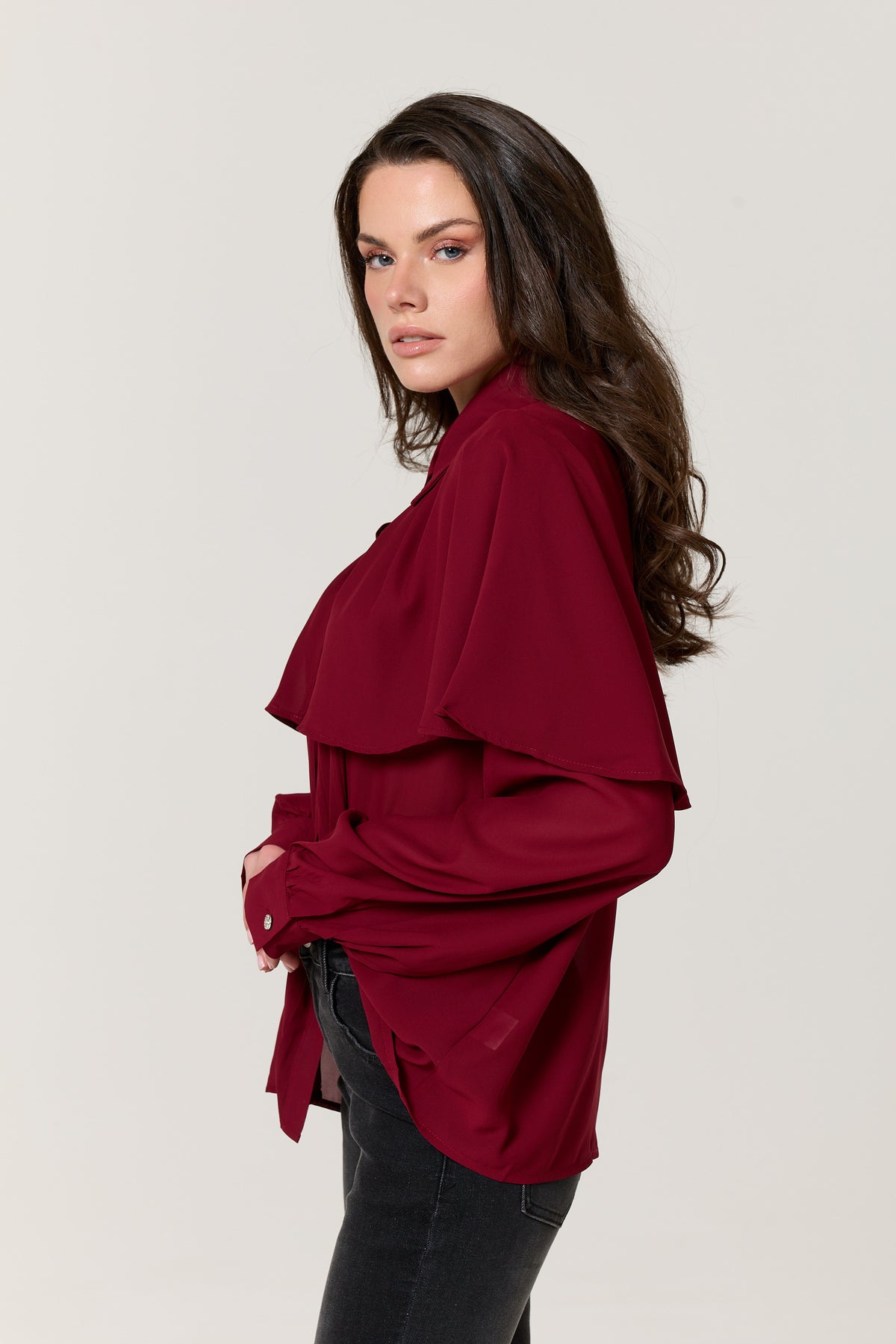 
                  
                    Burgundy Cape Detail Pleated Blouse
                  
                
