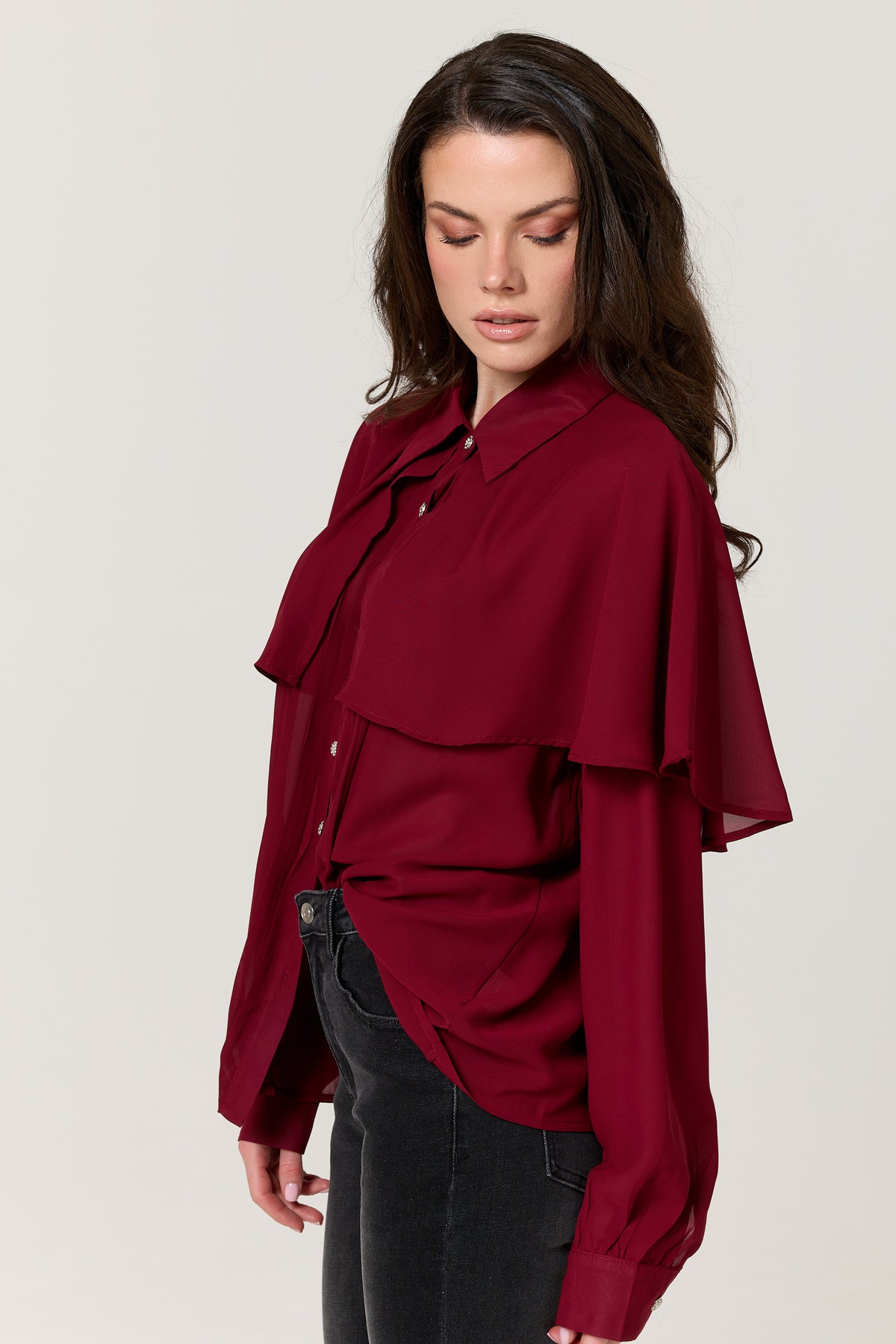 
                  
                    Burgundy Cape Detail Pleated Blouse
                  
                