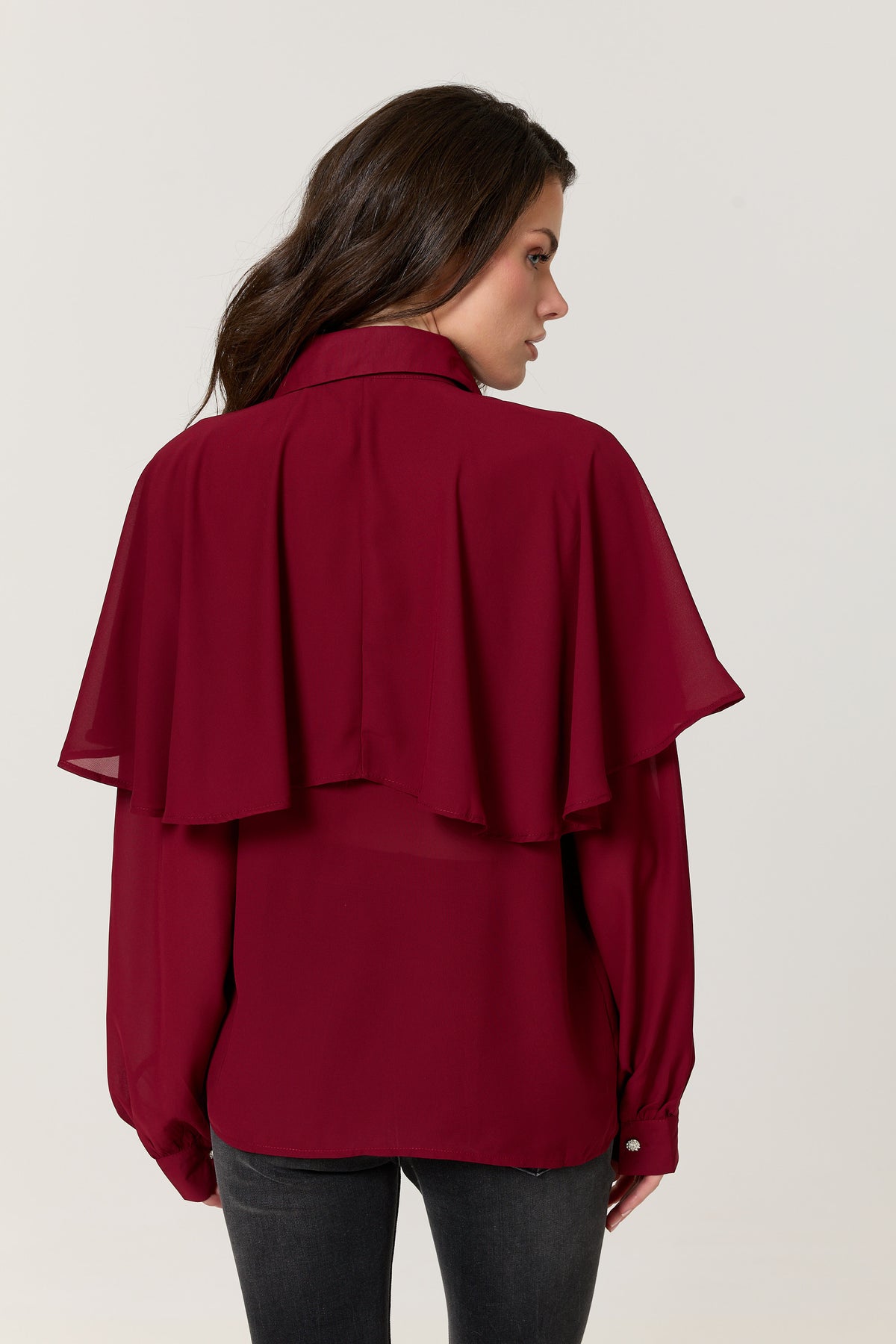 
                  
                    Burgundy Cape Detail Pleated Blouse
                  
                