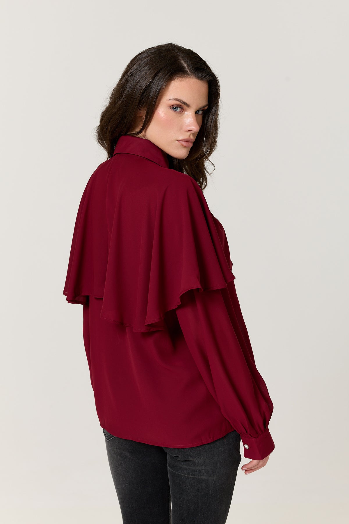 
                  
                    Burgundy Cape Detail Pleated Blouse
                  
                