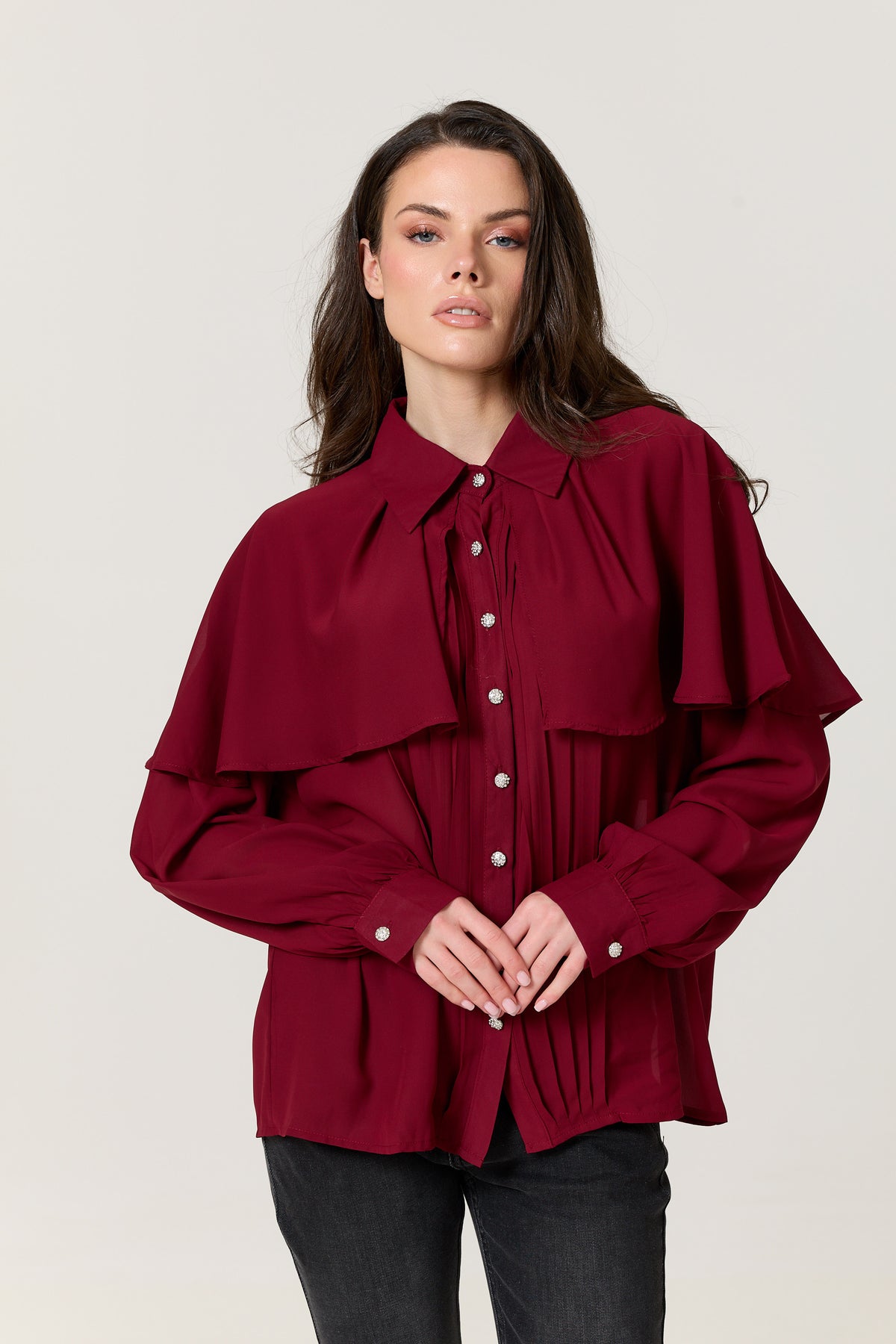 
                  
                    Burgundy Cape Detail Pleated Blouse
                  
                