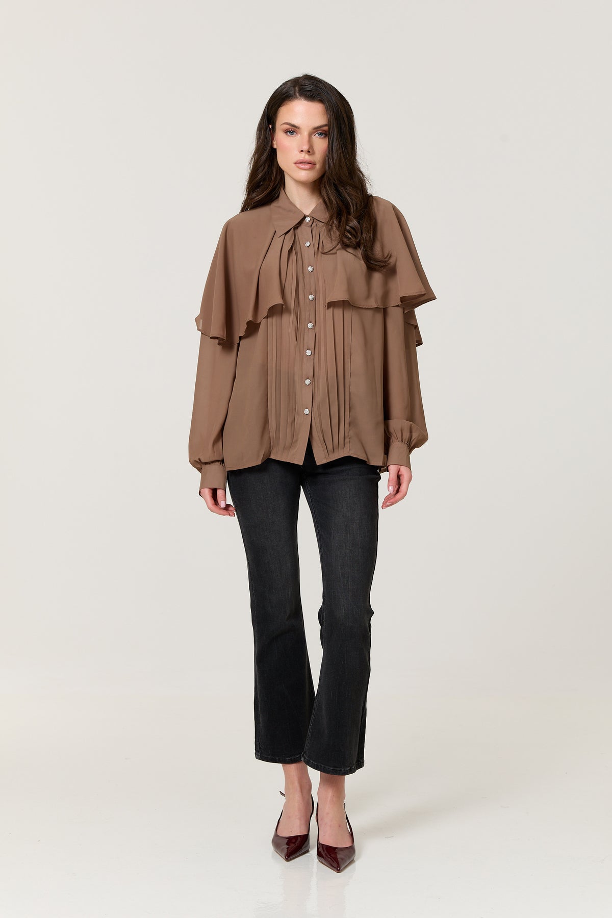 
                  
                    Mocha Cape Detail Pleated Blouse
                  
                