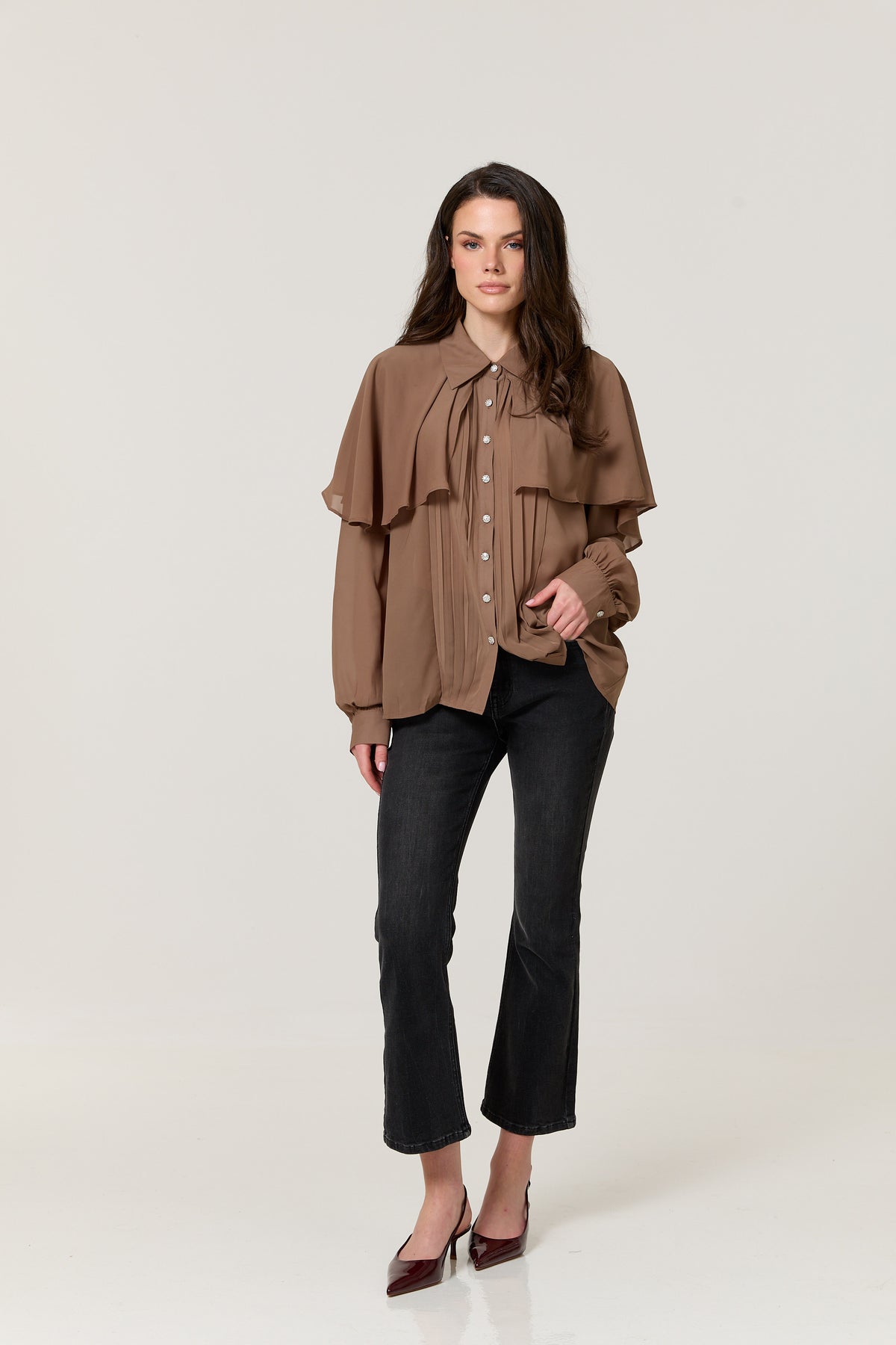 
                  
                    Mocha Cape Detail Pleated Blouse
                  
                