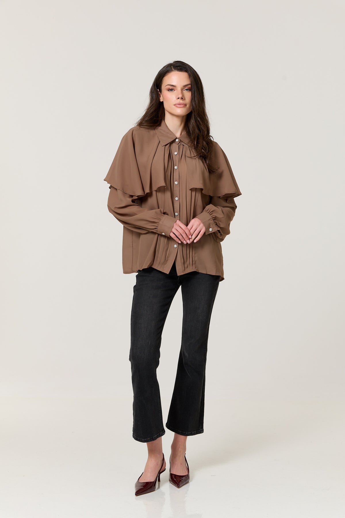 
                  
                    Mocha Cape Detail Pleated Blouse
                  
                