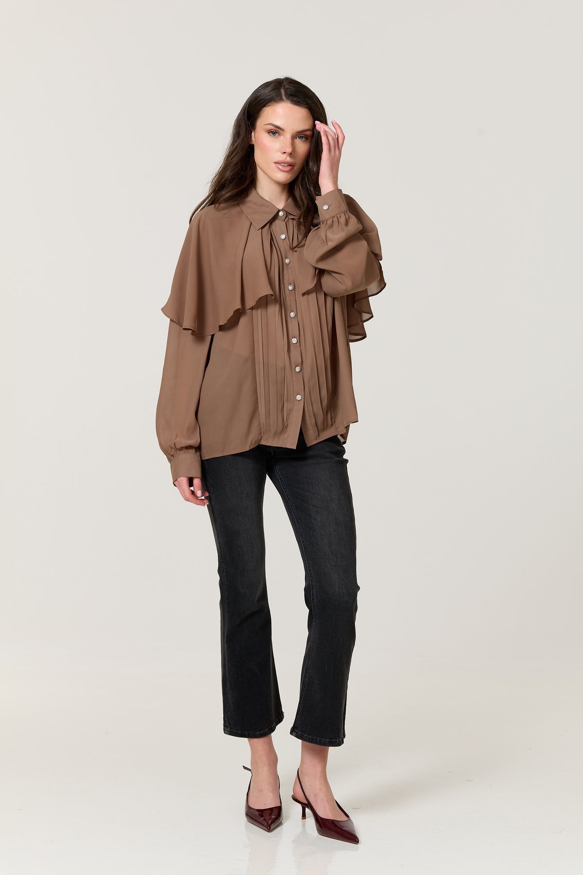 
                  
                    Mocha Cape Detail Pleated Blouse
                  
                