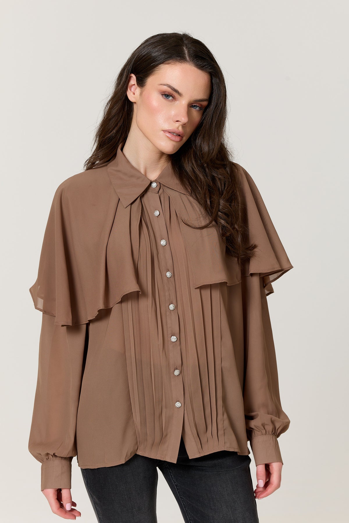 
                  
                    Mocha Cape Detail Pleated Blouse
                  
                