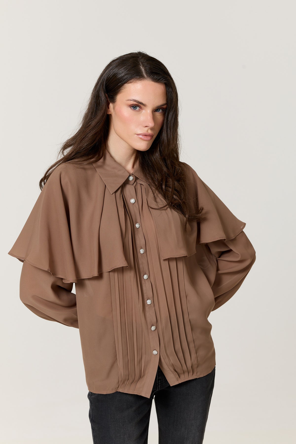 
                  
                    Mocha Cape Detail Pleated Blouse
                  
                