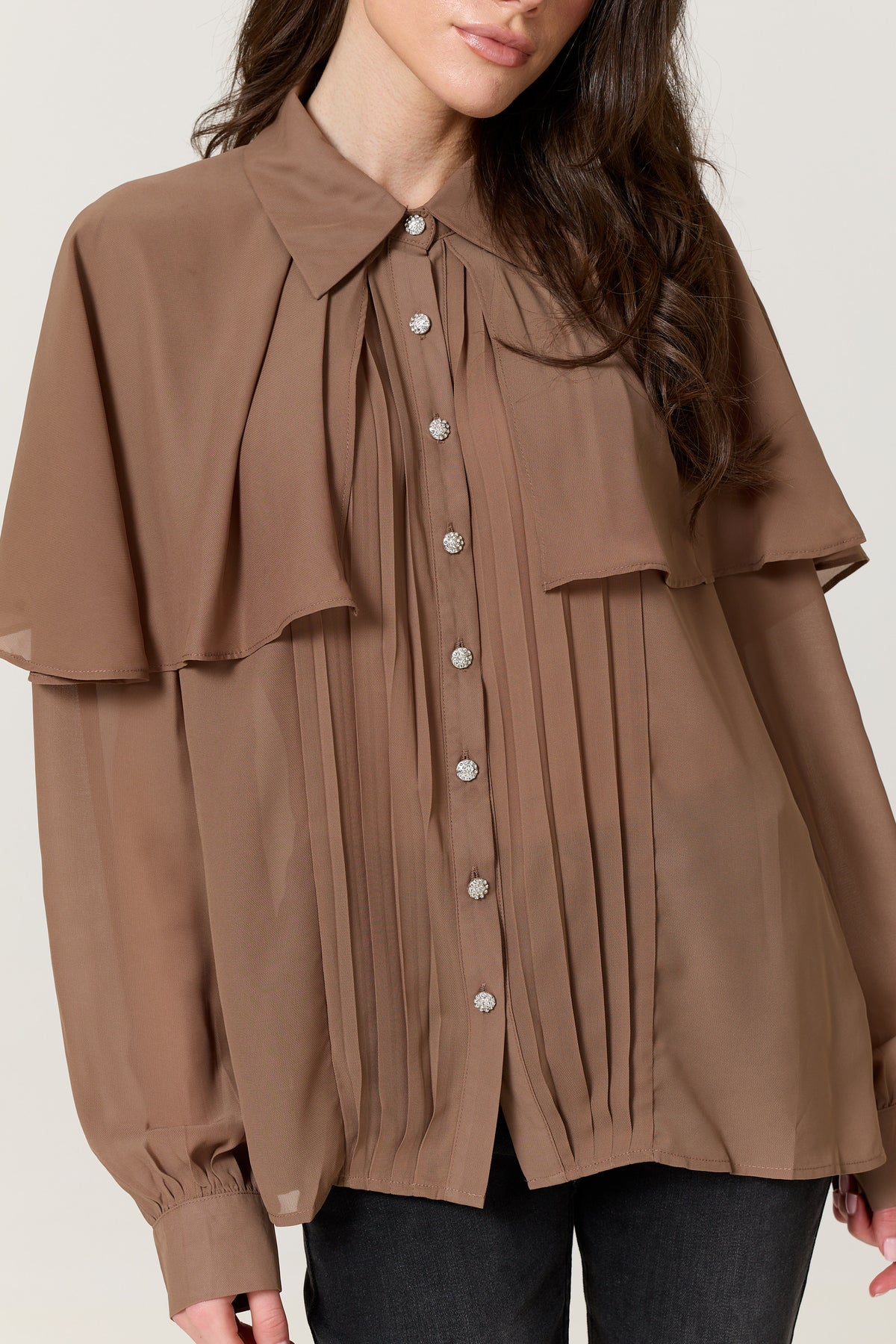 
                  
                    Mocha Cape Detail Pleated Blouse
                  
                
