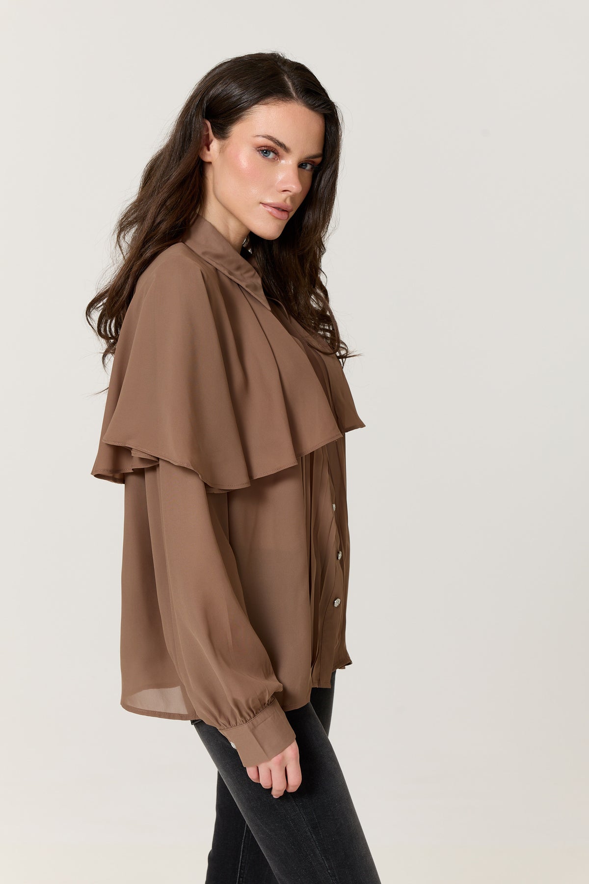 
                  
                    Mocha Cape Detail Pleated Blouse
                  
                