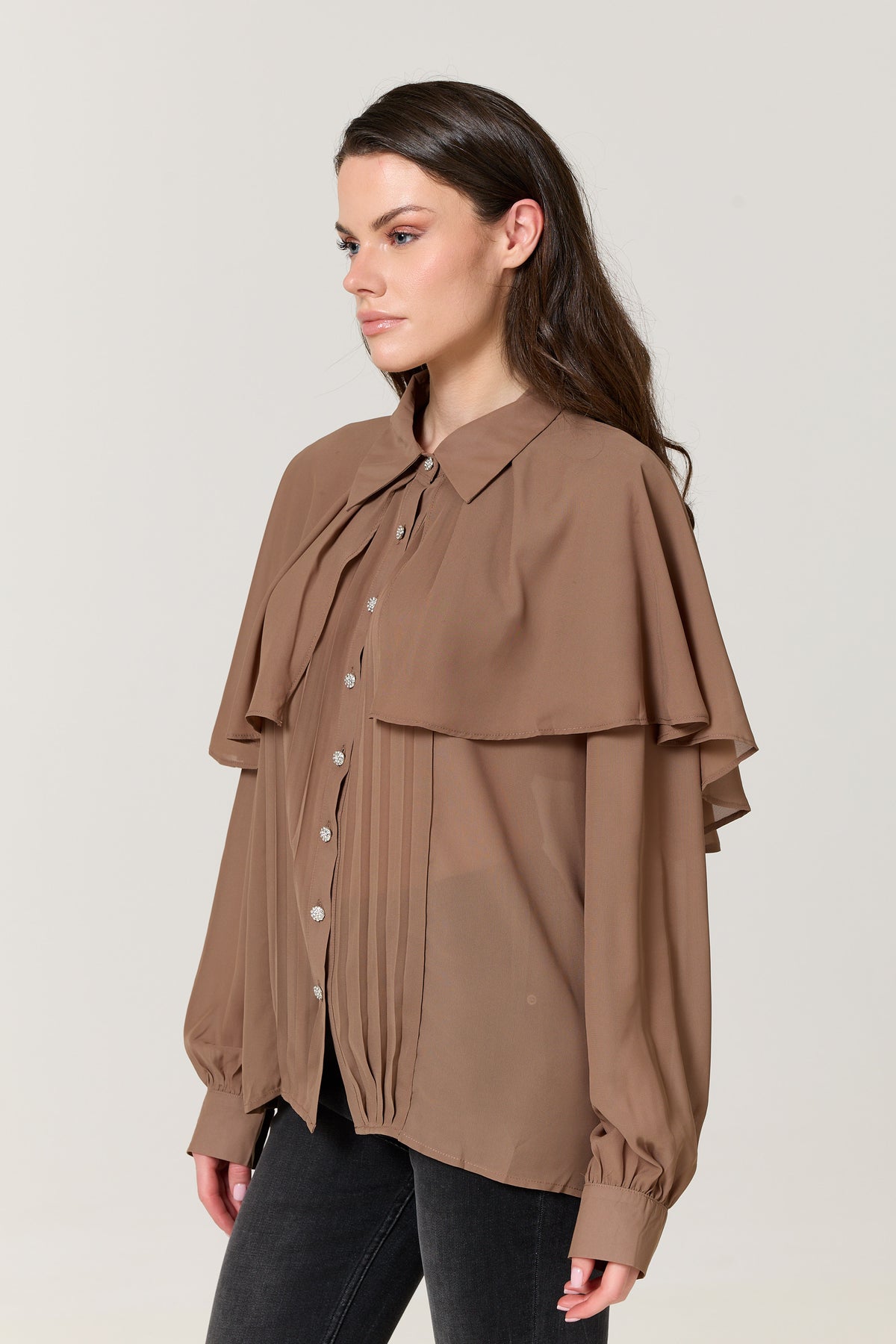 
                  
                    Mocha Cape Detail Pleated Blouse
                  
                