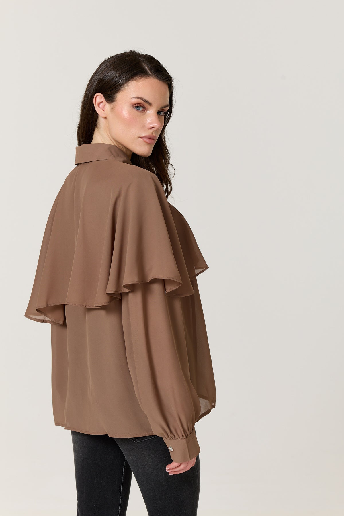 
                  
                    Mocha Cape Detail Pleated Blouse
                  
                