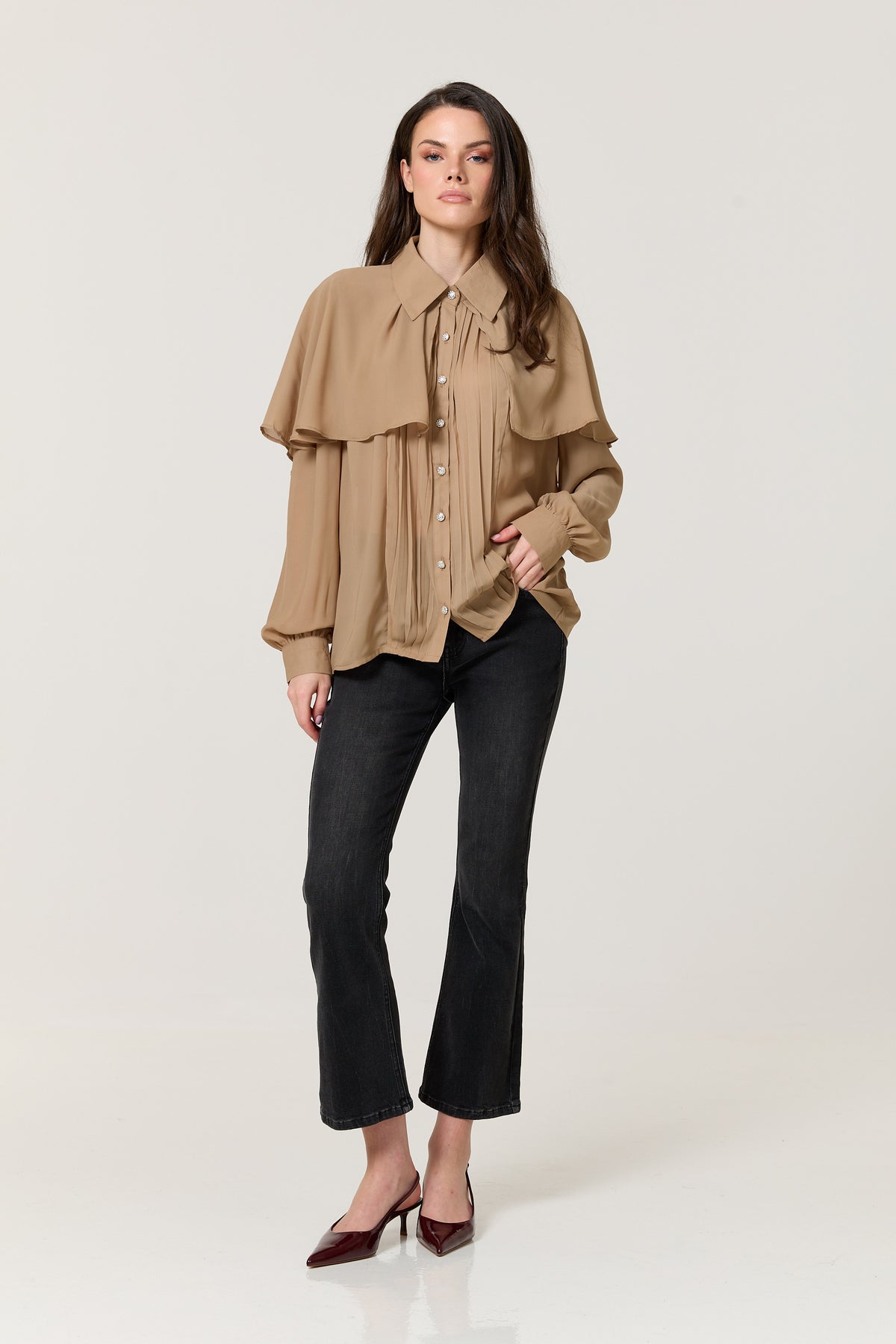 
                  
                    Camel Cape Detail Pleated Blouse
                  
                