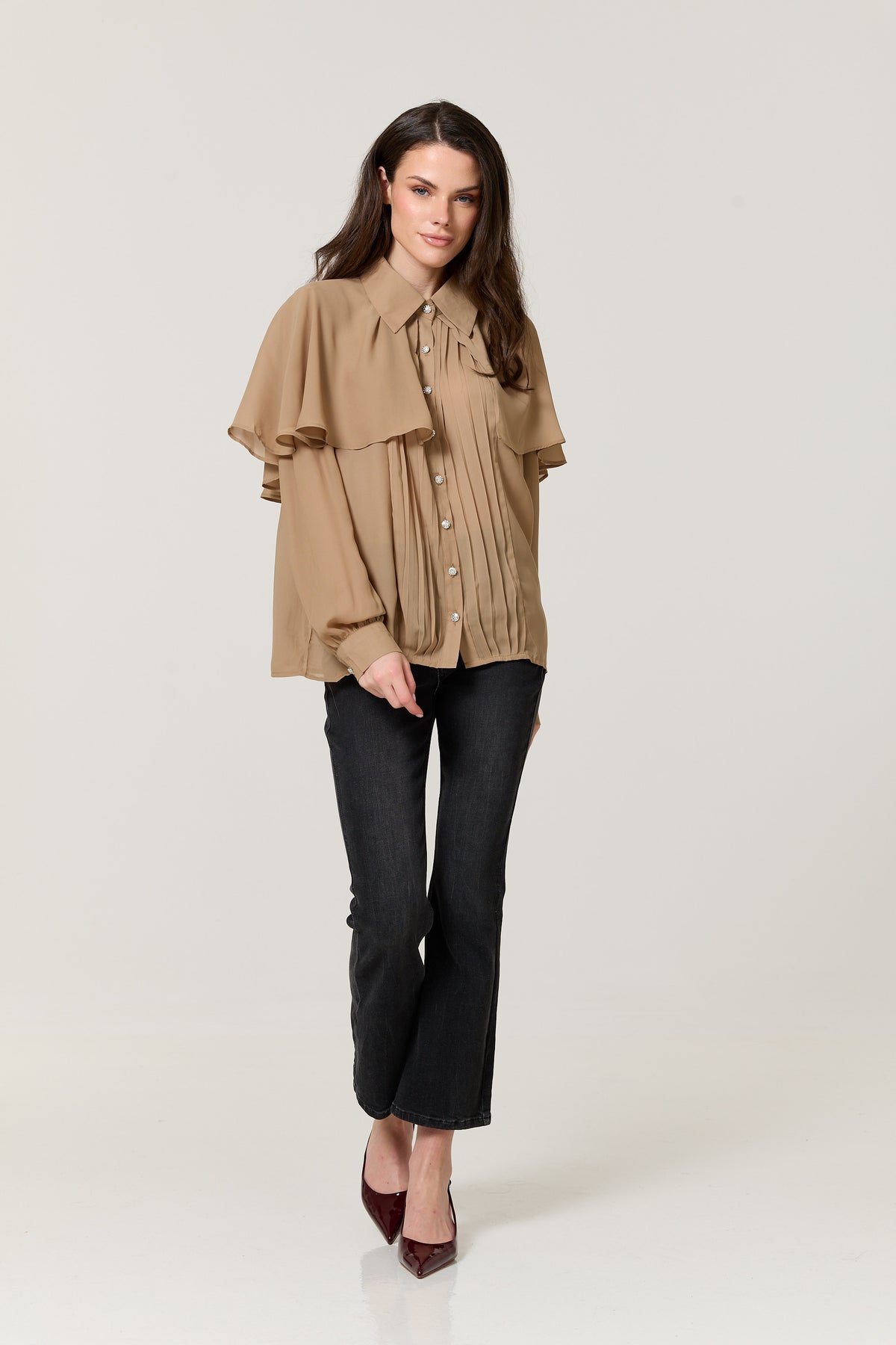 
                  
                    Camel Cape Detail Pleated Blouse
                  
                